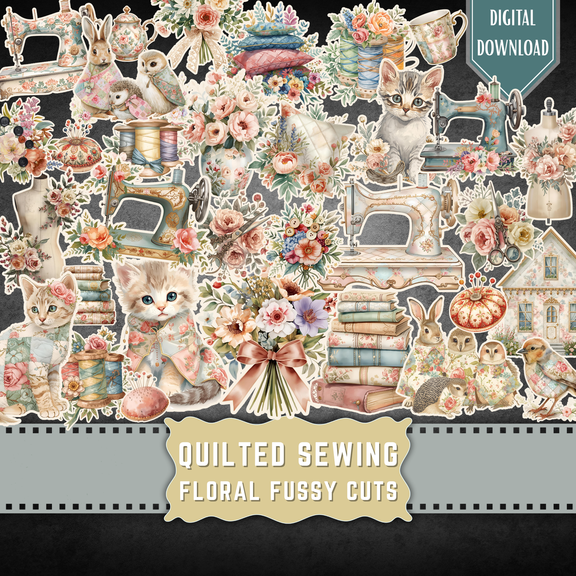Quilted Cottage Sewing Fussy Cuts – Vintage Junk Journal Kit – Watercolor Printable Clipart