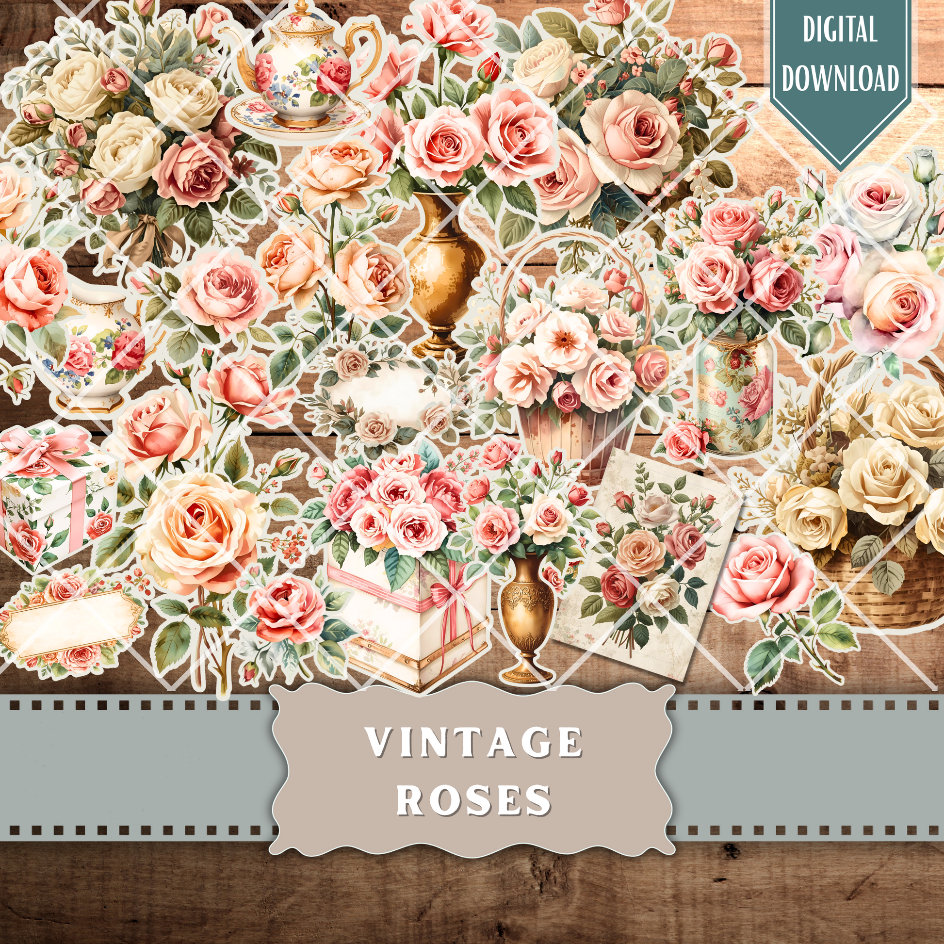 Vintage Rose Ephemera: Watercolor Floral Fussy Cuts for Junk Journals (Digital Download)