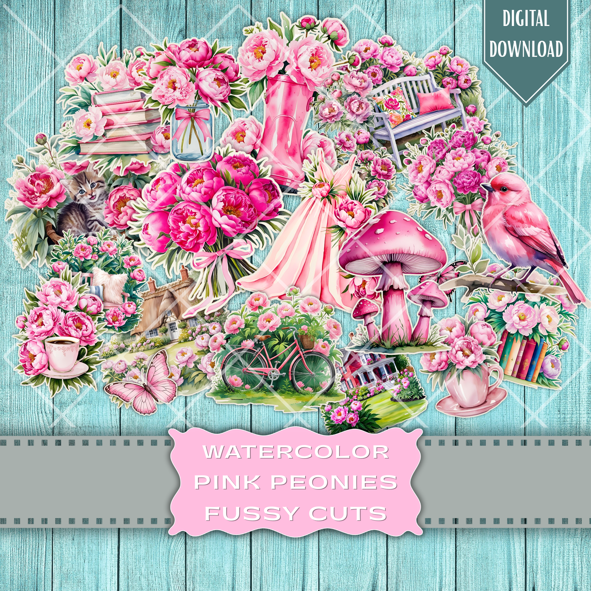Printable fussy cut elements featuring pink peonies, birds, mushrooms, bicycles, and cozy cottage scenes in watercolor style.
