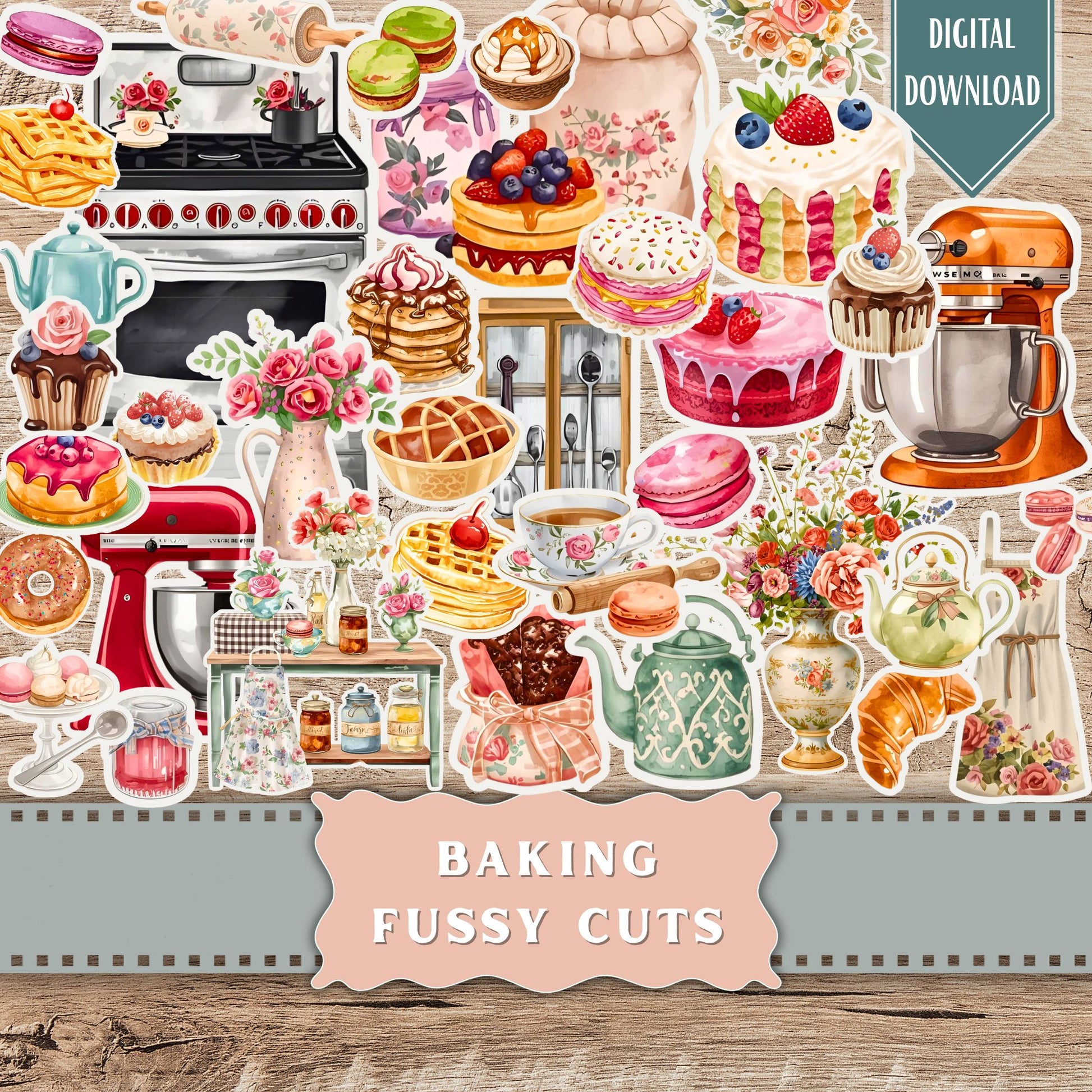 Baking Ephemera Kit: Watercolor Cakes, Cupcakes, Vintage Kitchen Clipart (Digital Download)
