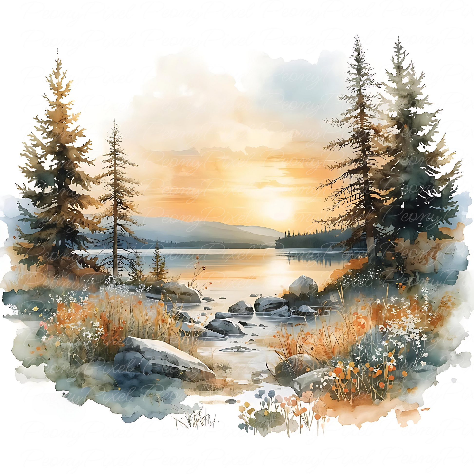 40 Watercolor Lake Landscape Clipart | Mountain Lake Sunrise, Forest River Scenery, Autumn & Boho Nature Digital Download