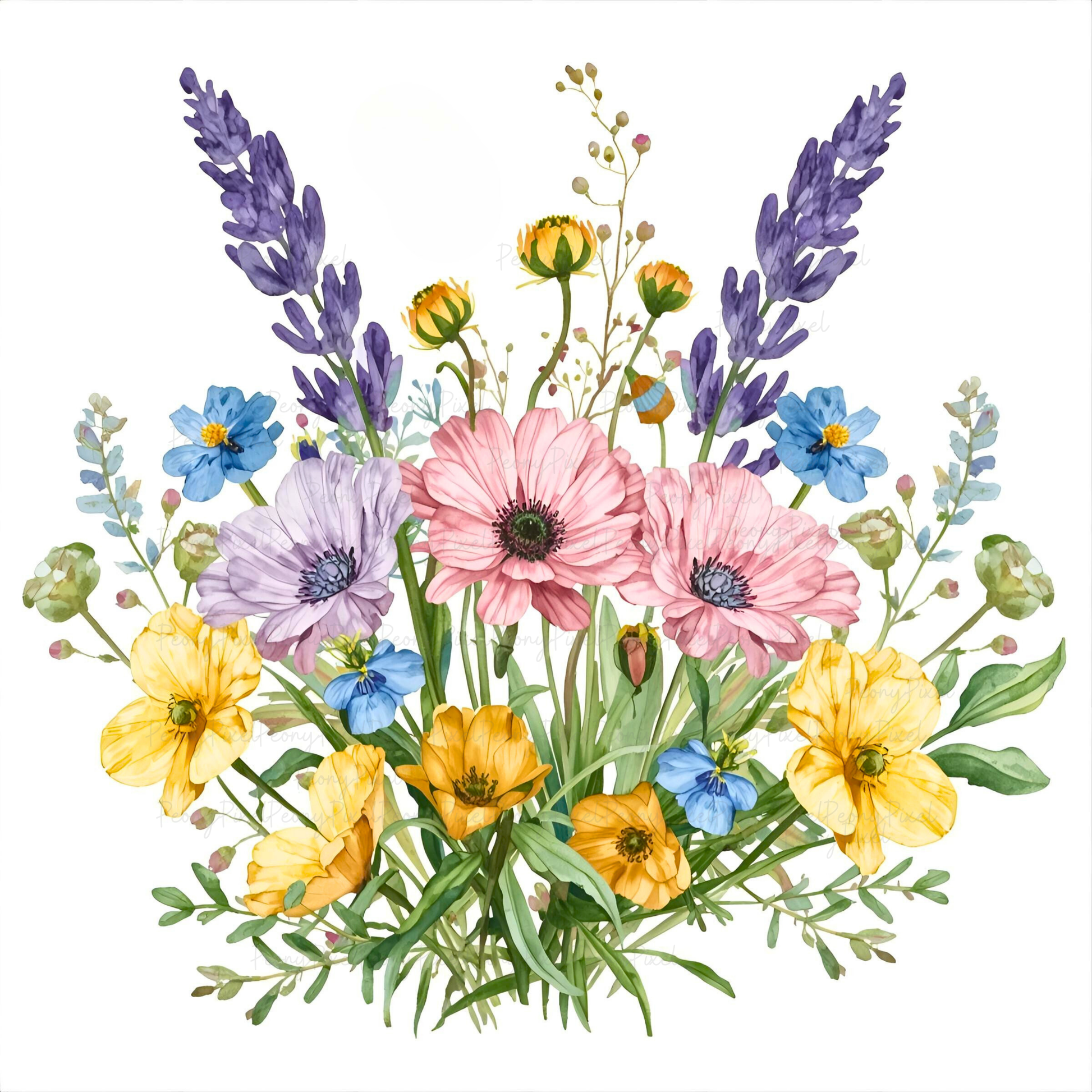 Watercolor Wildflower Clipart: Cottagecore Floral Bouquet (Digital Download)