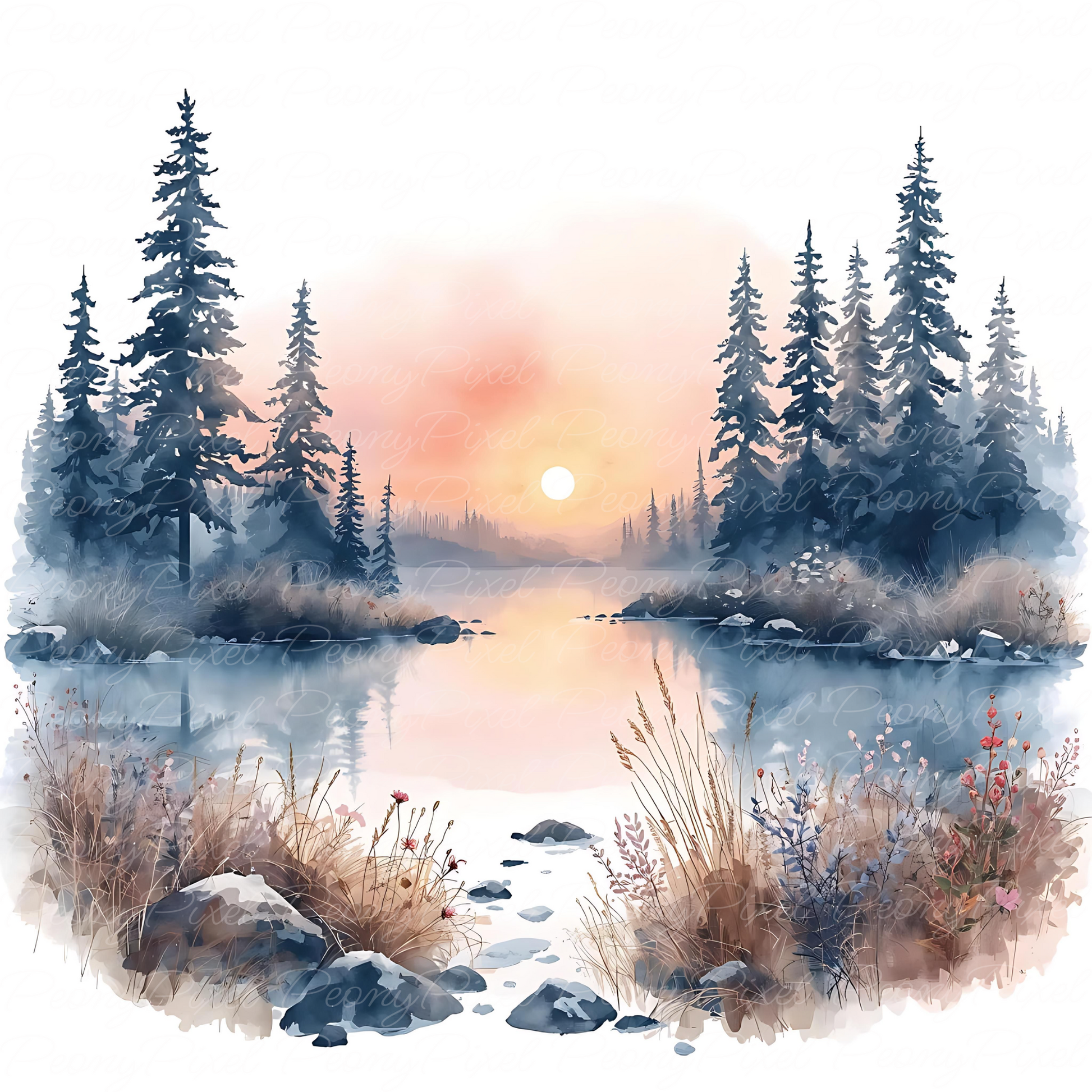 40 Watercolor Lake Landscape Clipart | Mountain Lake Sunrise, Forest River Scenery, Autumn & Boho Nature Digital Download