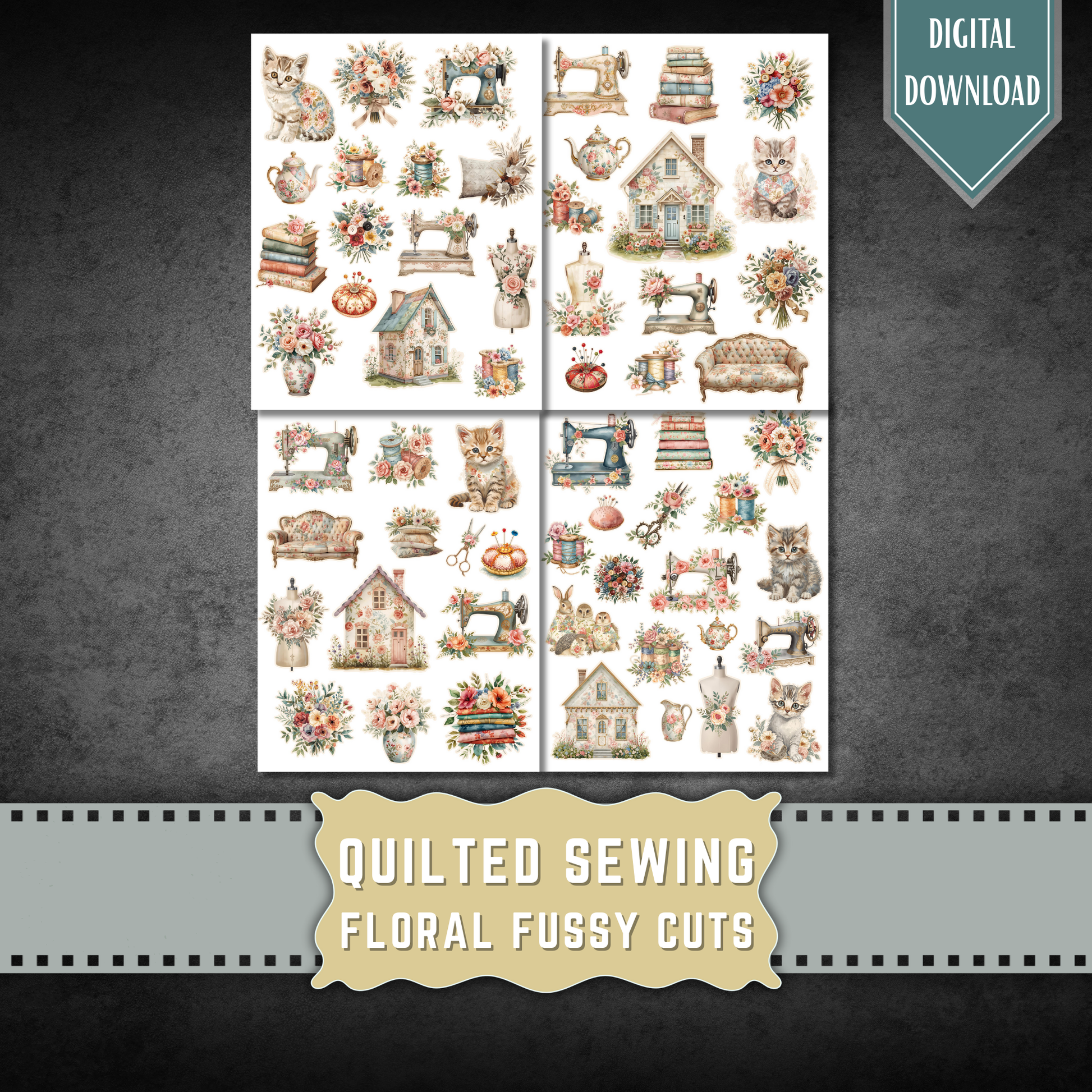 Quilted Cottage Sewing Fussy Cuts – Vintage Junk Journal Kit – Watercolor Printable Clipart