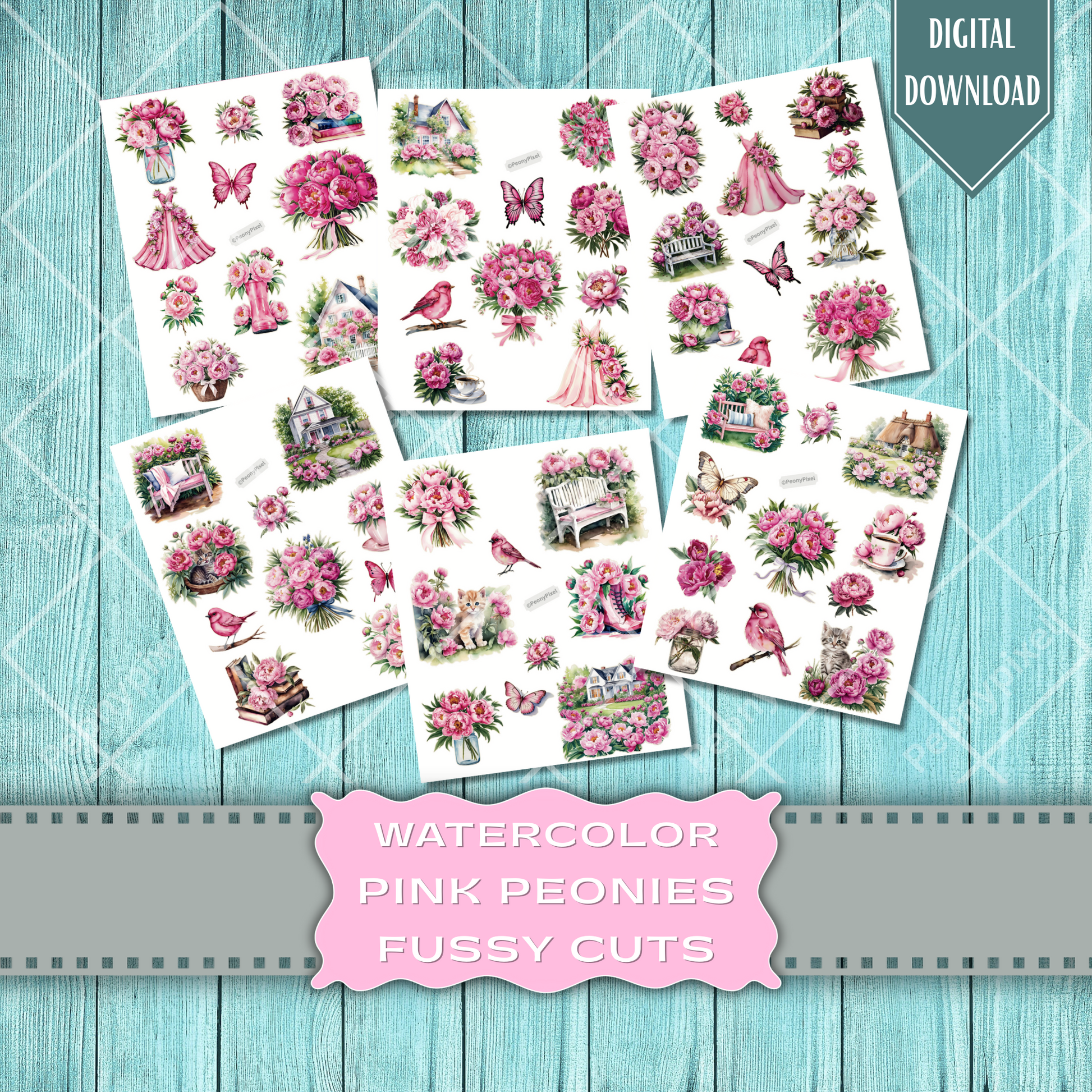 High-resolution watercolor pink peony stickers – digital floral clipart for junk journaling, scrapbooking, and crafts.