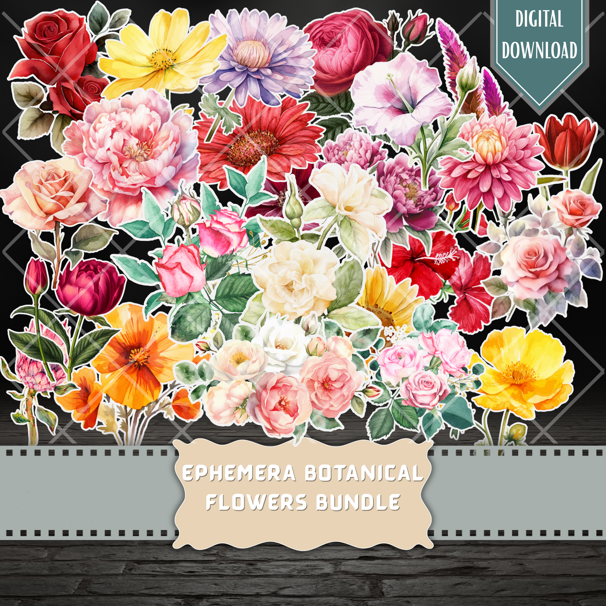 Printable botanical flower fussy cuts – digital watercolor roses, peonies, tulips, daisies, and floral ephemera in vibrant colors for junk journals and crafts.