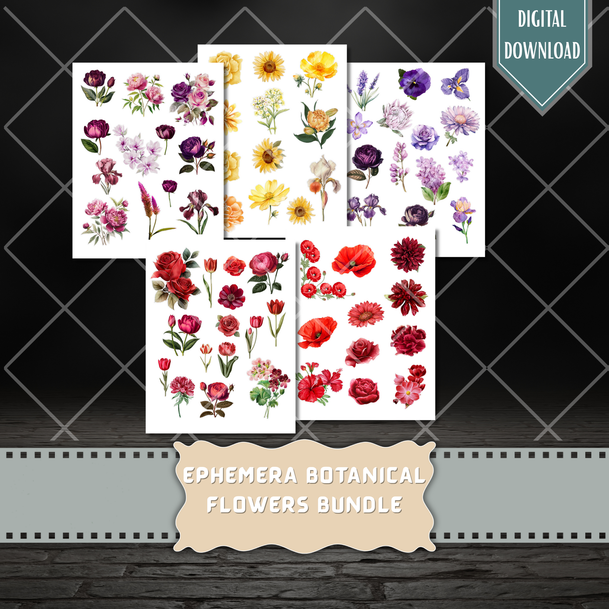 Printable botanical flower fussy cuts – digital watercolor roses, peonies, tulips, daisies, and floral ephemera in vibrant colors for junk journals and crafts.