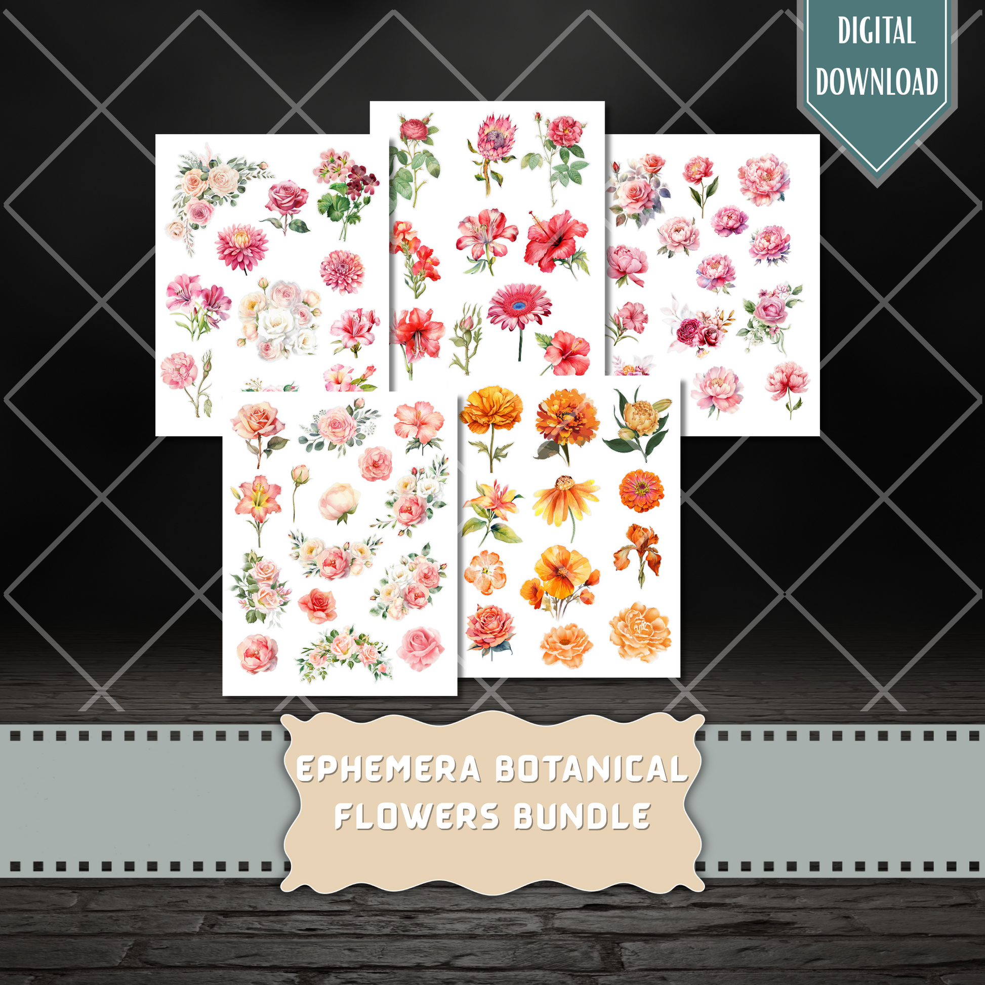 Printable botanical flower fussy cuts – digital watercolor roses, peonies, tulips, daisies, and floral ephemera in vibrant colors for junk journals and crafts.
