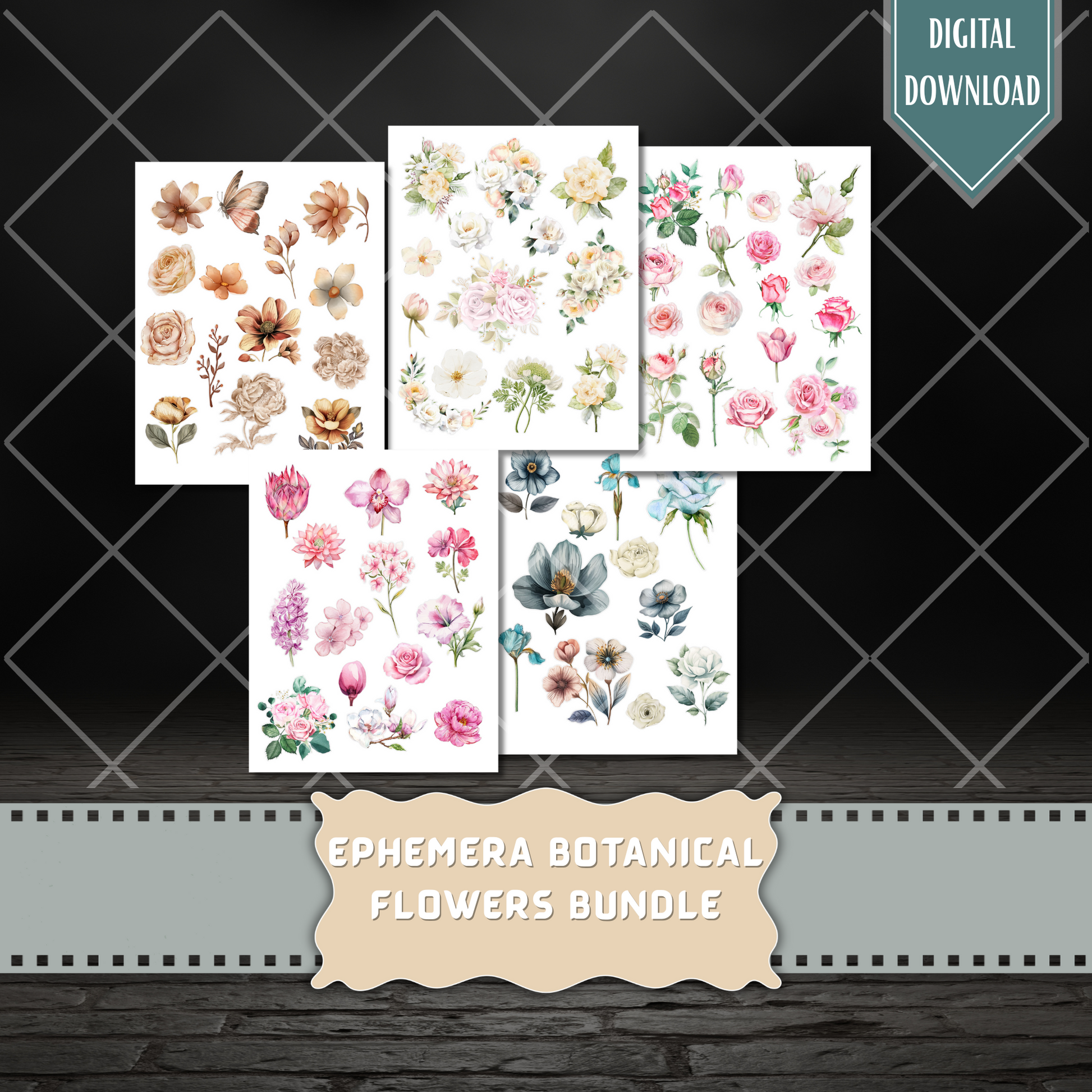 Printable botanical flower fussy cuts – digital watercolor roses, peonies, tulips, daisies, and floral ephemera in vibrant colors for junk journals and crafts.