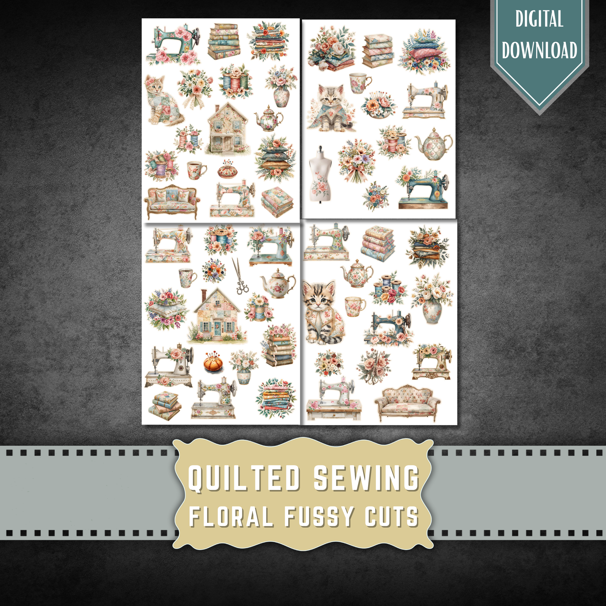 Quilted Cottage Sewing Fussy Cuts – Vintage Junk Journal Kit – Watercolor Printable Clipart
