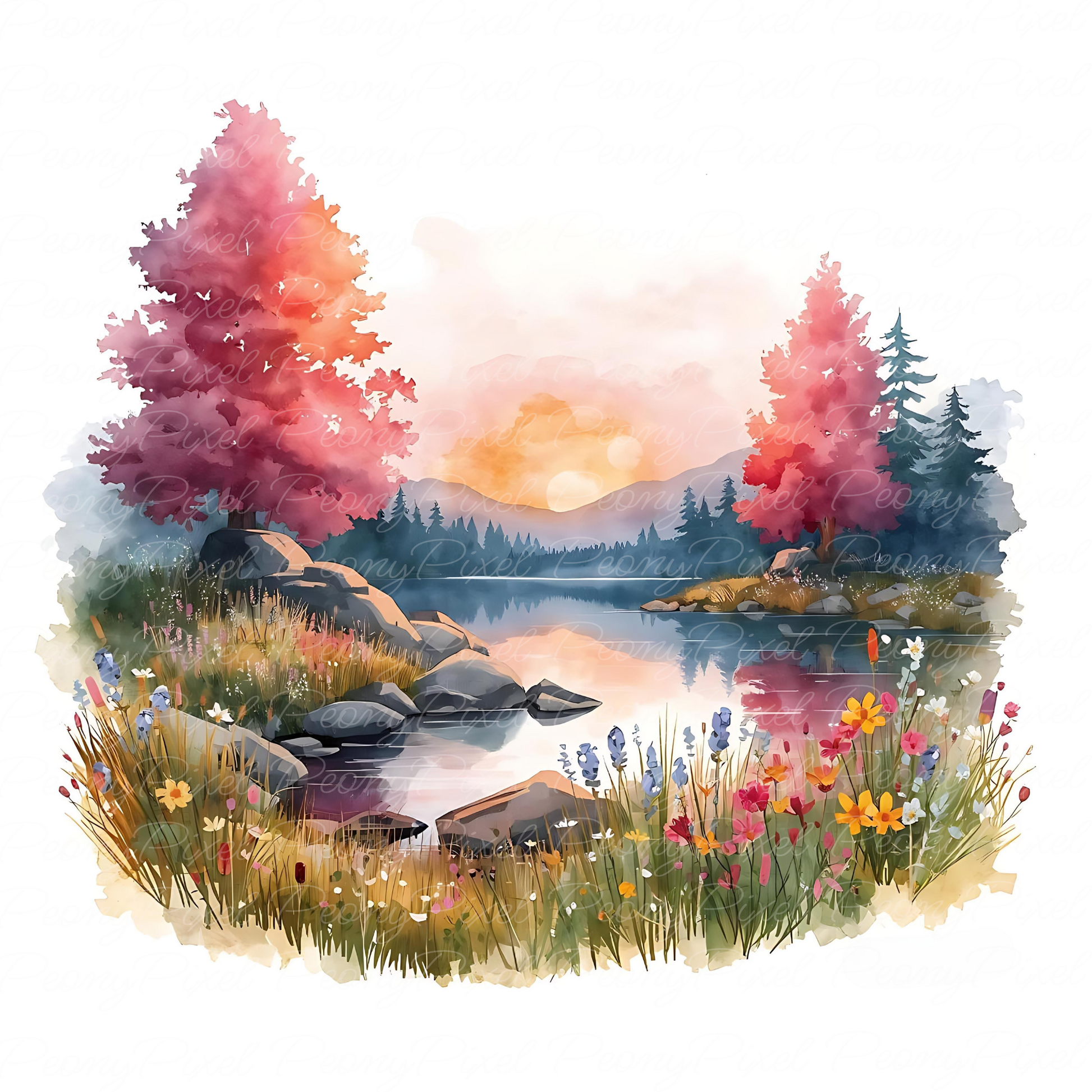 40 Watercolor Lake Landscape Clipart | Mountain Lake Sunrise, Forest River Scenery, Autumn & Boho Nature Digital Download