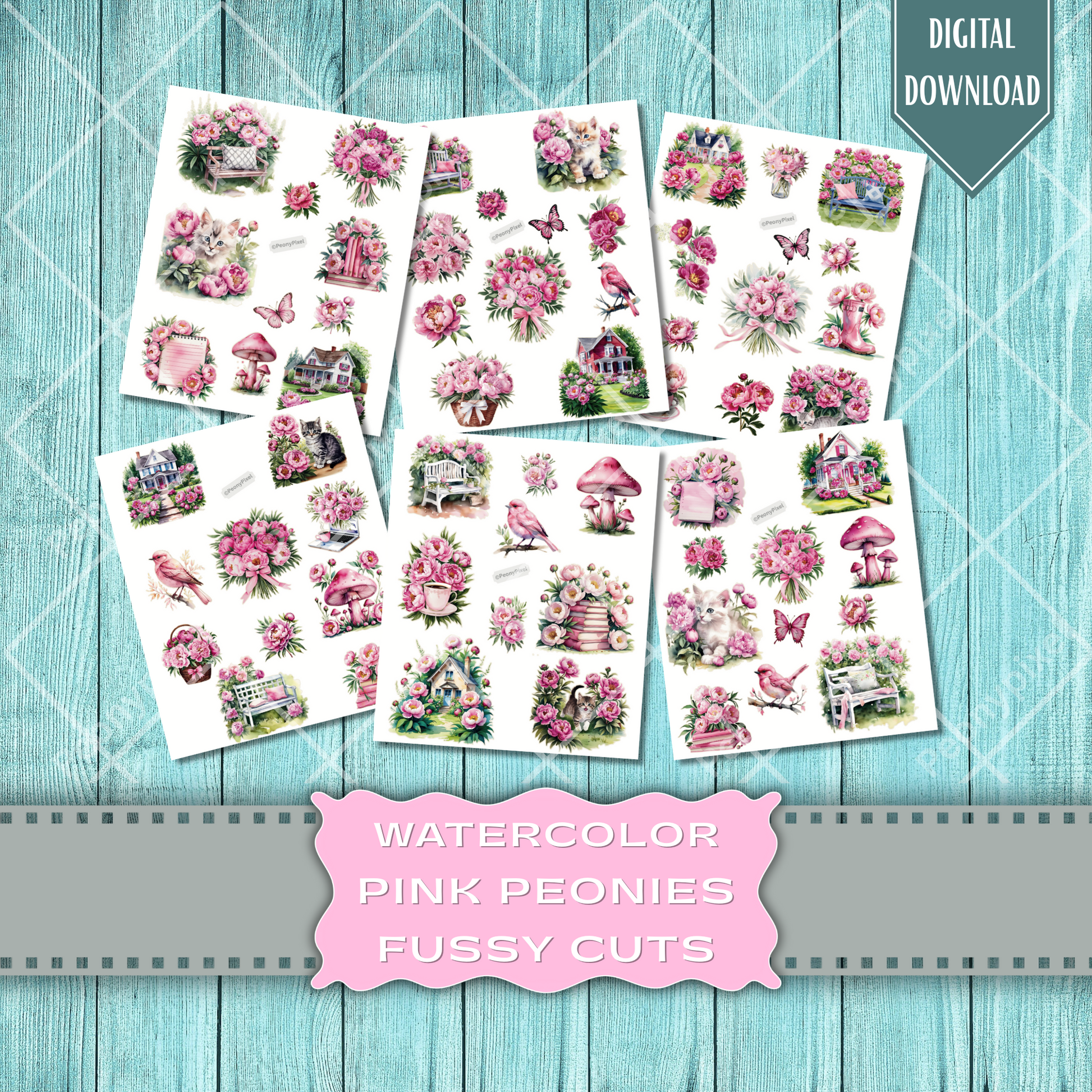 High-resolution watercolor pink peony stickers – digital floral clipart for junk journaling, scrapbooking, and crafts.