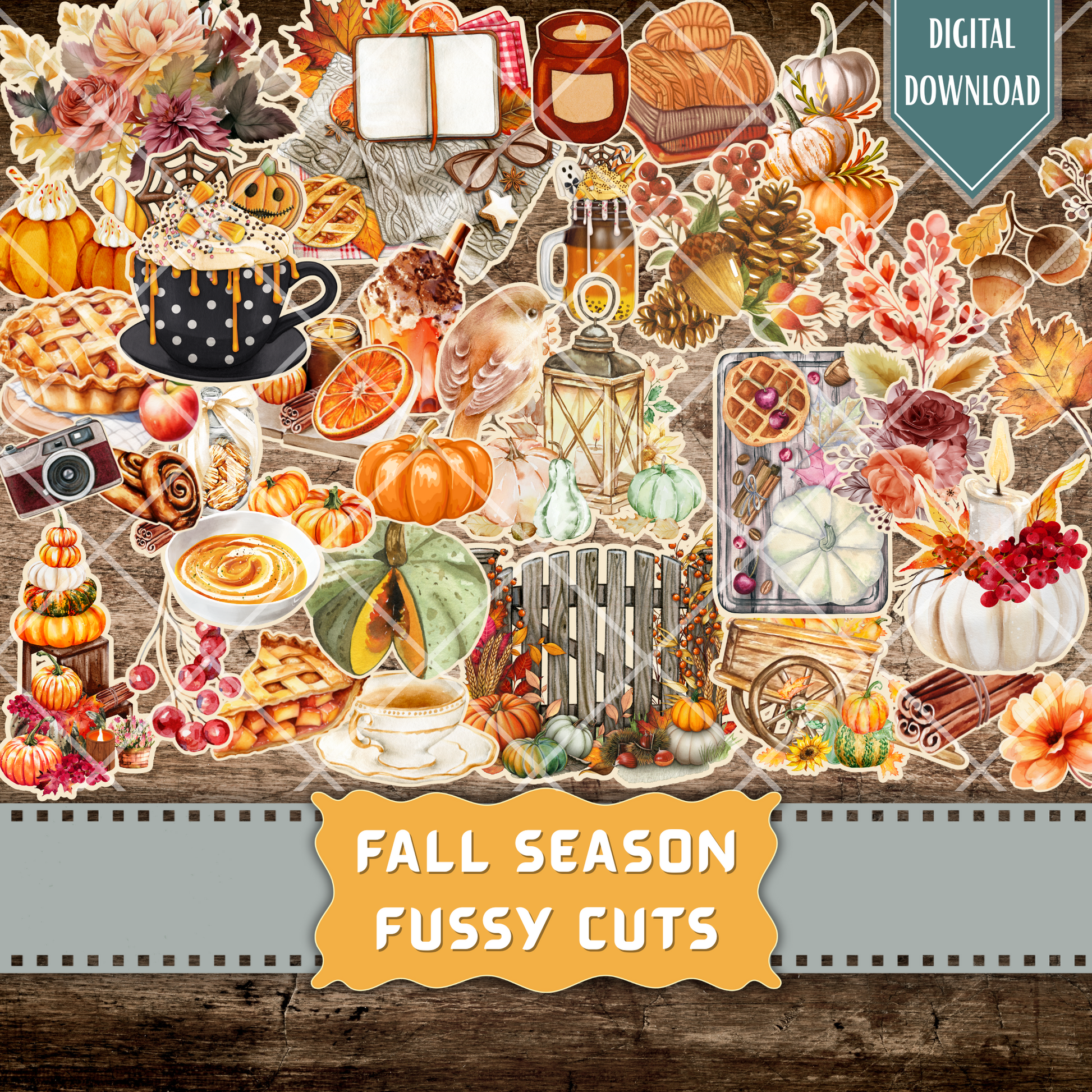 Printable fall fussy cuts for junk journaling – vintage watercolor pumpkins, pies, warm drinks, florals, leaves, candles, and cozy autumn elements on rustic wood background