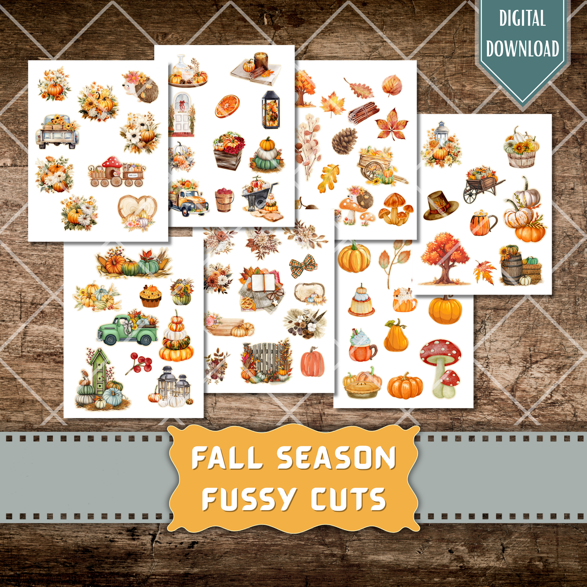 High-resolution autumn-themed clipart including pumpkins, cinnamon rolls, pie slices, and vintage lanterns – printable fussy cut ephemera for crafts.