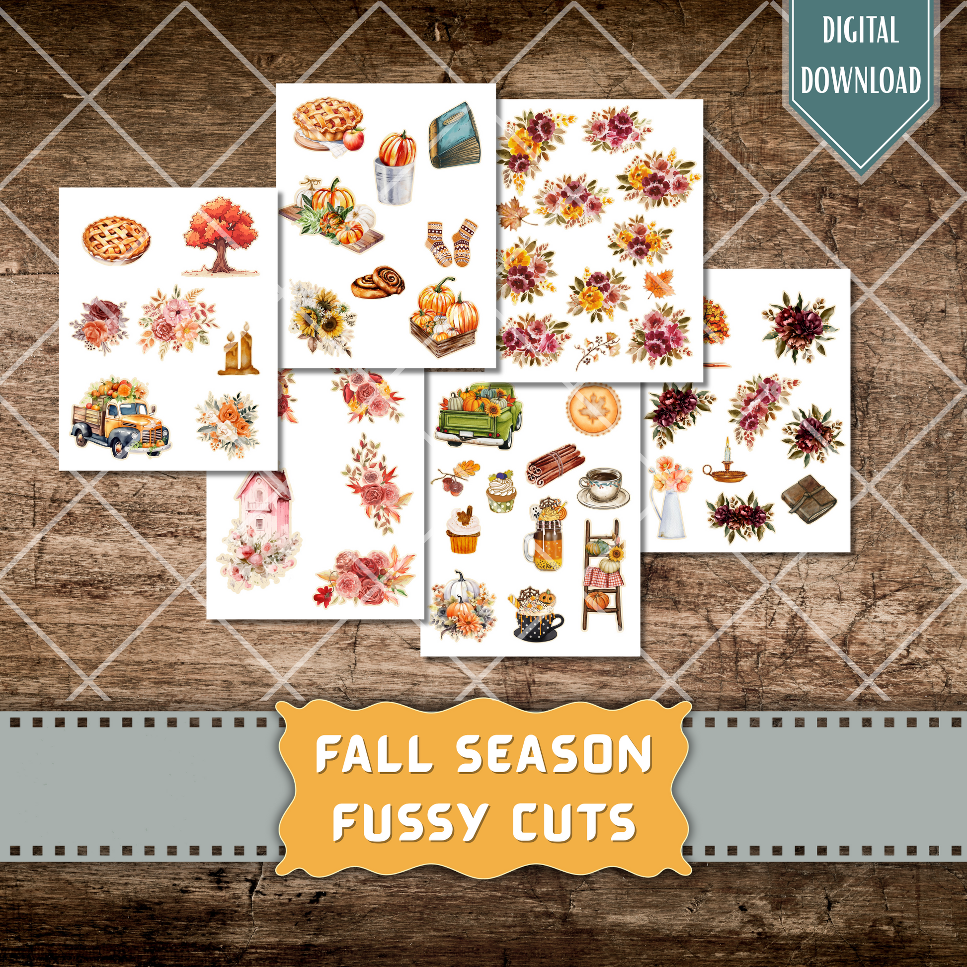 High-resolution autumn-themed clipart including pumpkins, cinnamon rolls, pie slices, and vintage lanterns – printable fussy cut ephemera for crafts.