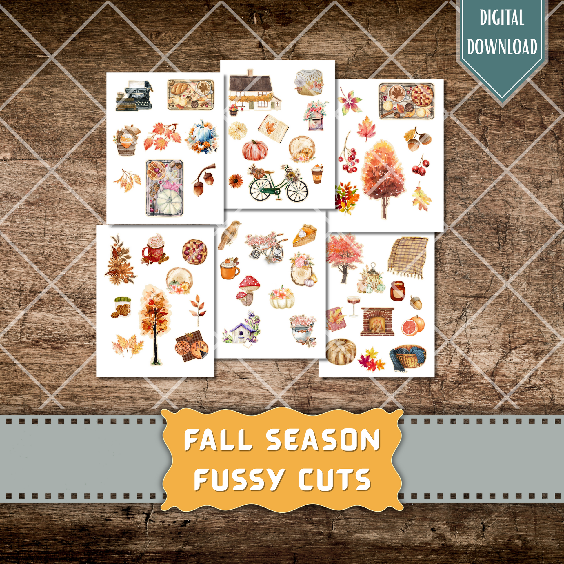 High-resolution autumn-themed clipart including pumpkins, cinnamon rolls, pie slices, and vintage lanterns – printable fussy cut ephemera for crafts.