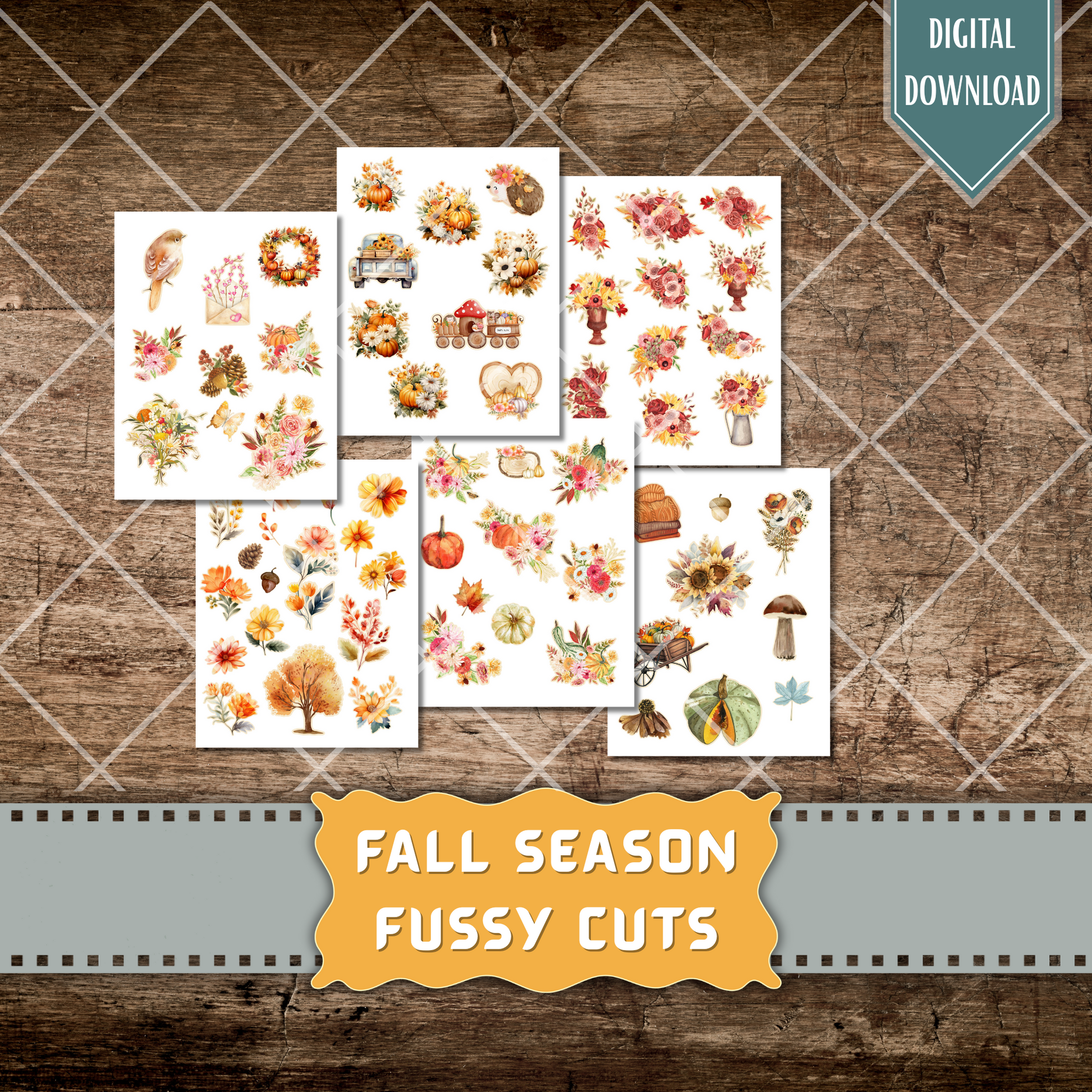 High-resolution autumn-themed clipart including pumpkins, cinnamon rolls, pie slices, and vintage lanterns – printable fussy cut ephemera for crafts.