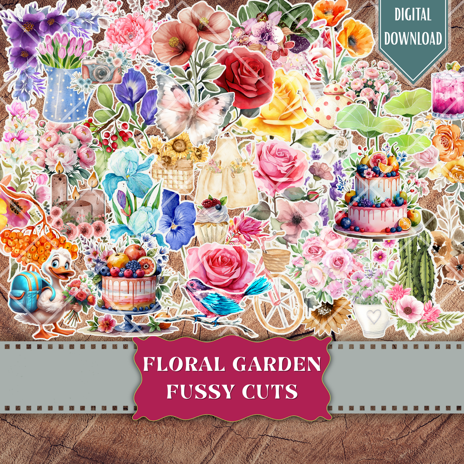 Whimsical floral watercolor fussy cuts – digital printable ephemera sheet with roses, peonies, sunflowers, butterflies, cakes, birds, teapots, pink, purple, lavender, red, orange yellow, botanical, garden elements for junk journaling, scrapbooking, crafts