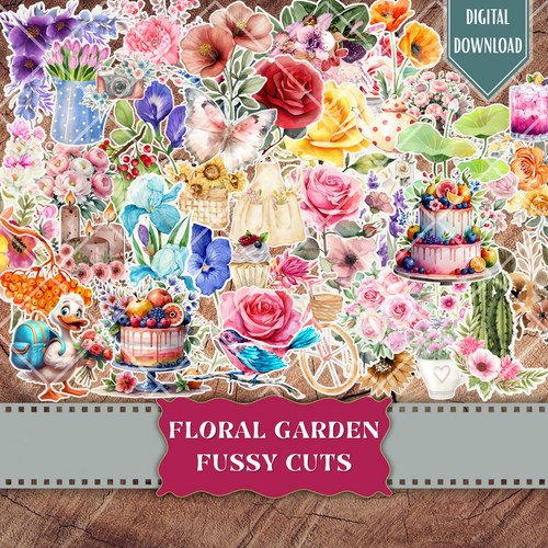 Whimsical floral watercolor fussy cuts – digital printable ephemera sheet with roses, peonies, sunflowers, butterflies, cakes, birds, teapots, pink, purple, lavender, red, orange yellow, botanical, garden elements for junk journaling, scrapbooking, crafts