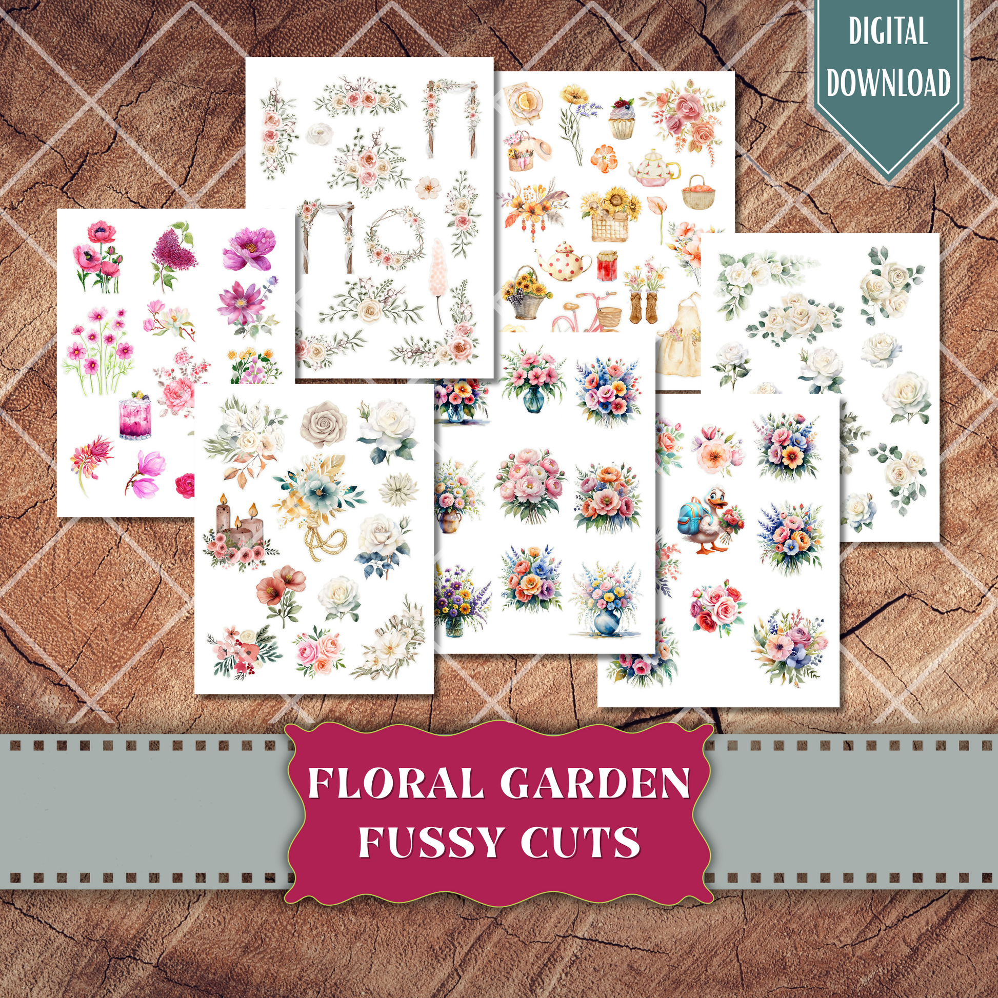 Whimsical floral watercolor fussy cuts – digital printable ephemera sheet with roses, peonies, sunflowers, butterflies, cakes, birds, teapots, pink, purple, lavender, red, orange yellow, botanical, garden elements for junk journaling, scrapbooking, crafts