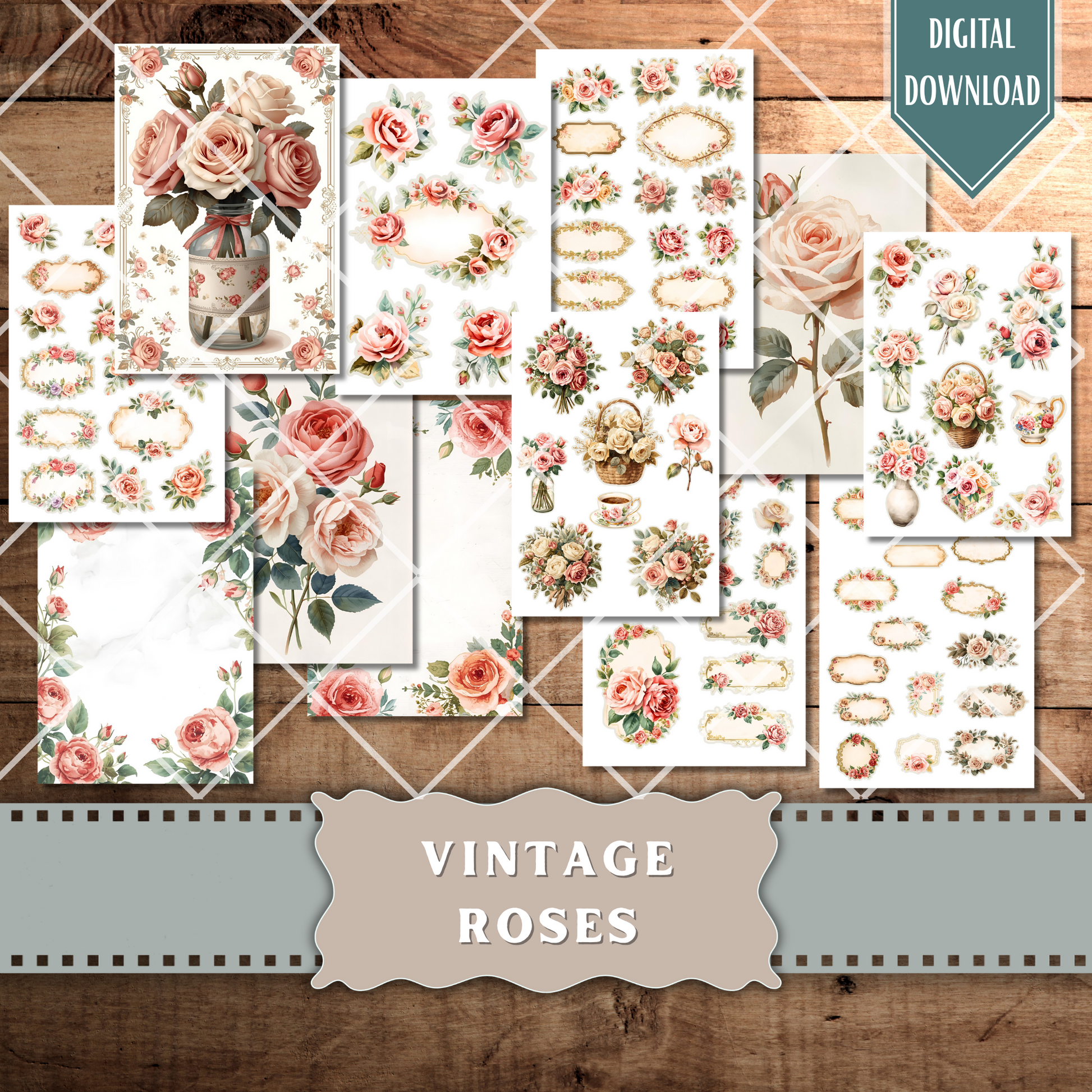 Vintage Rose Ephemera: Watercolor Floral Fussy Cuts for Junk Journals (Digital Download)