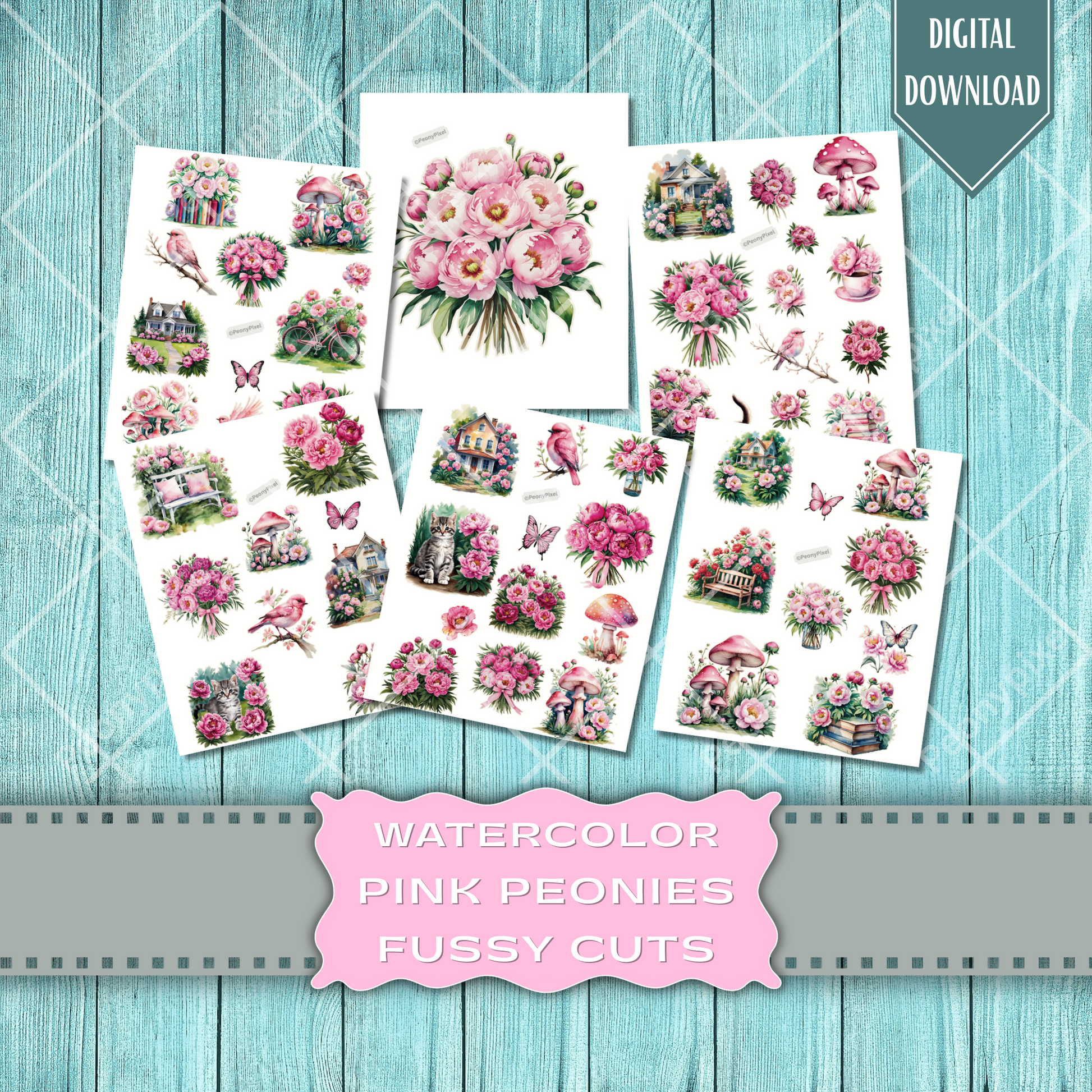 High-resolution watercolor pink peony stickers – digital floral clipart for junk journaling, scrapbooking, and crafts.