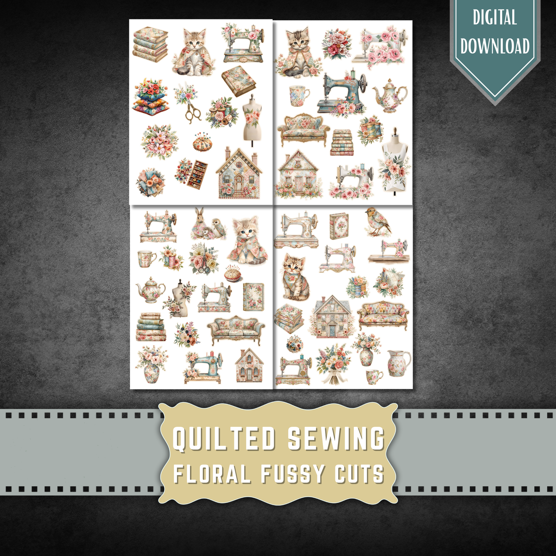 Quilted Cottage Sewing Fussy Cuts – Vintage Junk Journal Kit – Watercolor Printable Clipart