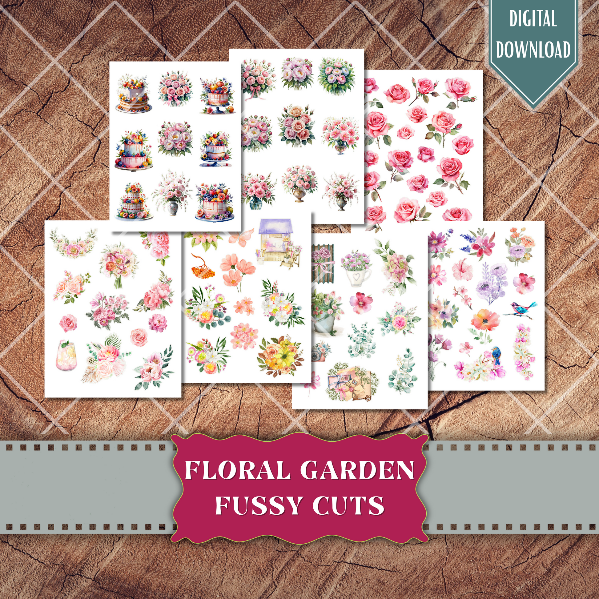 Whimsical floral watercolor fussy cuts – digital printable ephemera sheet with roses, peonies, sunflowers, butterflies, cakes, birds, teapots, pink, purple, lavender, red, orange yellow, botanical, garden elements for junk journaling, scrapbooking, crafts