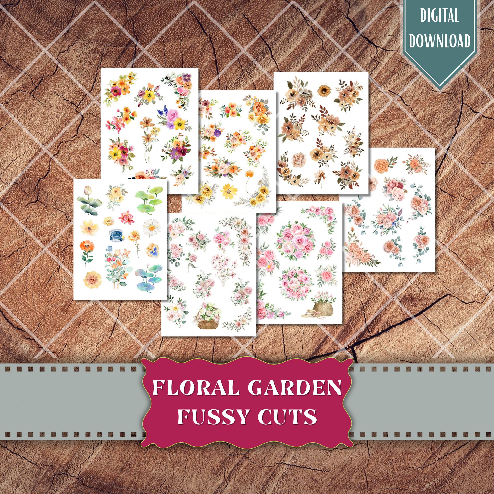 Whimsical floral watercolor fussy cuts – digital printable ephemera sheet with roses, peonies, sunflowers, butterflies, cakes, birds, teapots, pink, purple, lavender, red, orange yellow, botanical, garden elements for junk journaling, scrapbooking, crafts