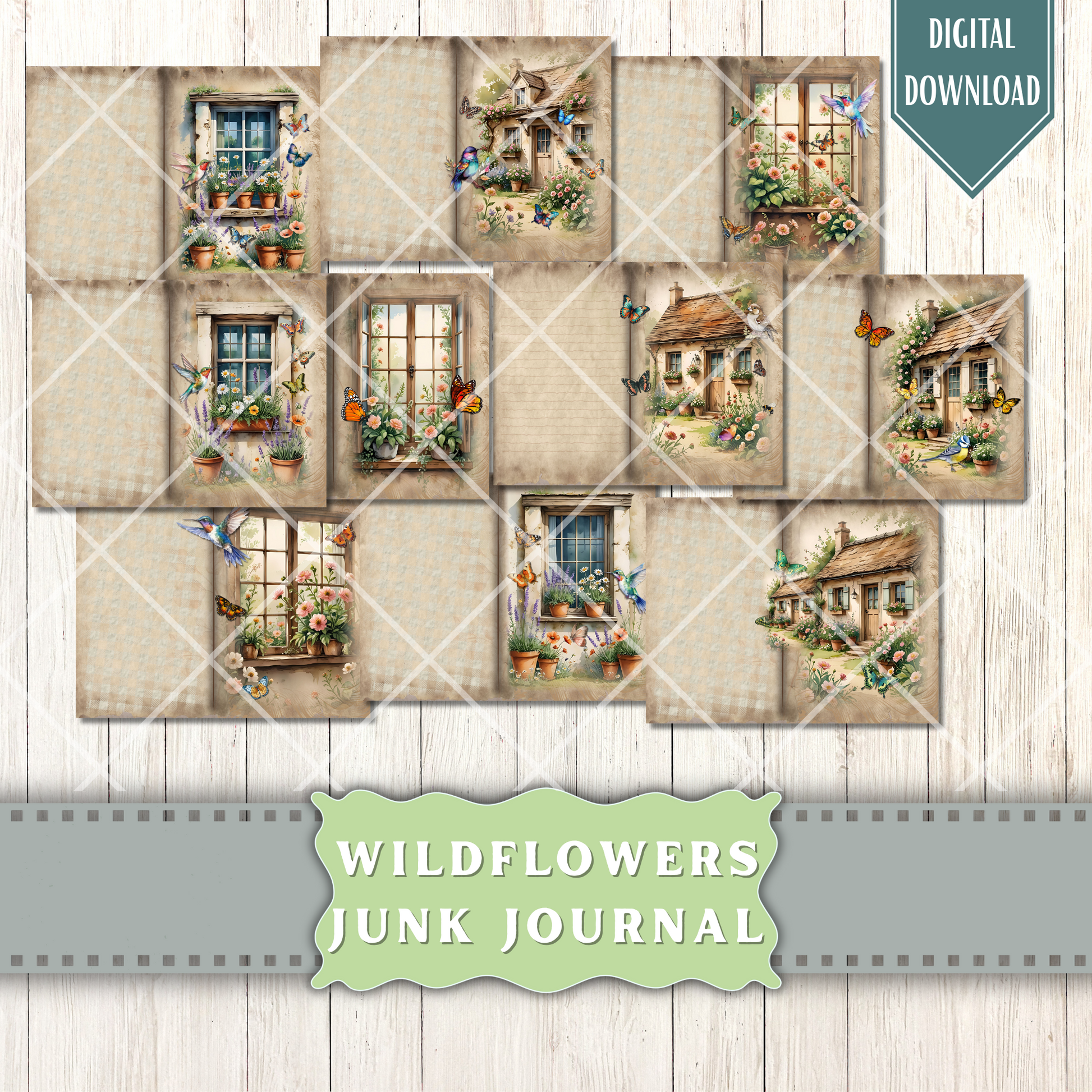 Watercolor Wildflowers Junk Journal Pages and Papers, junk journal kit, floral junk journal, Digital Collage Sheet, Vintage Wildflowers