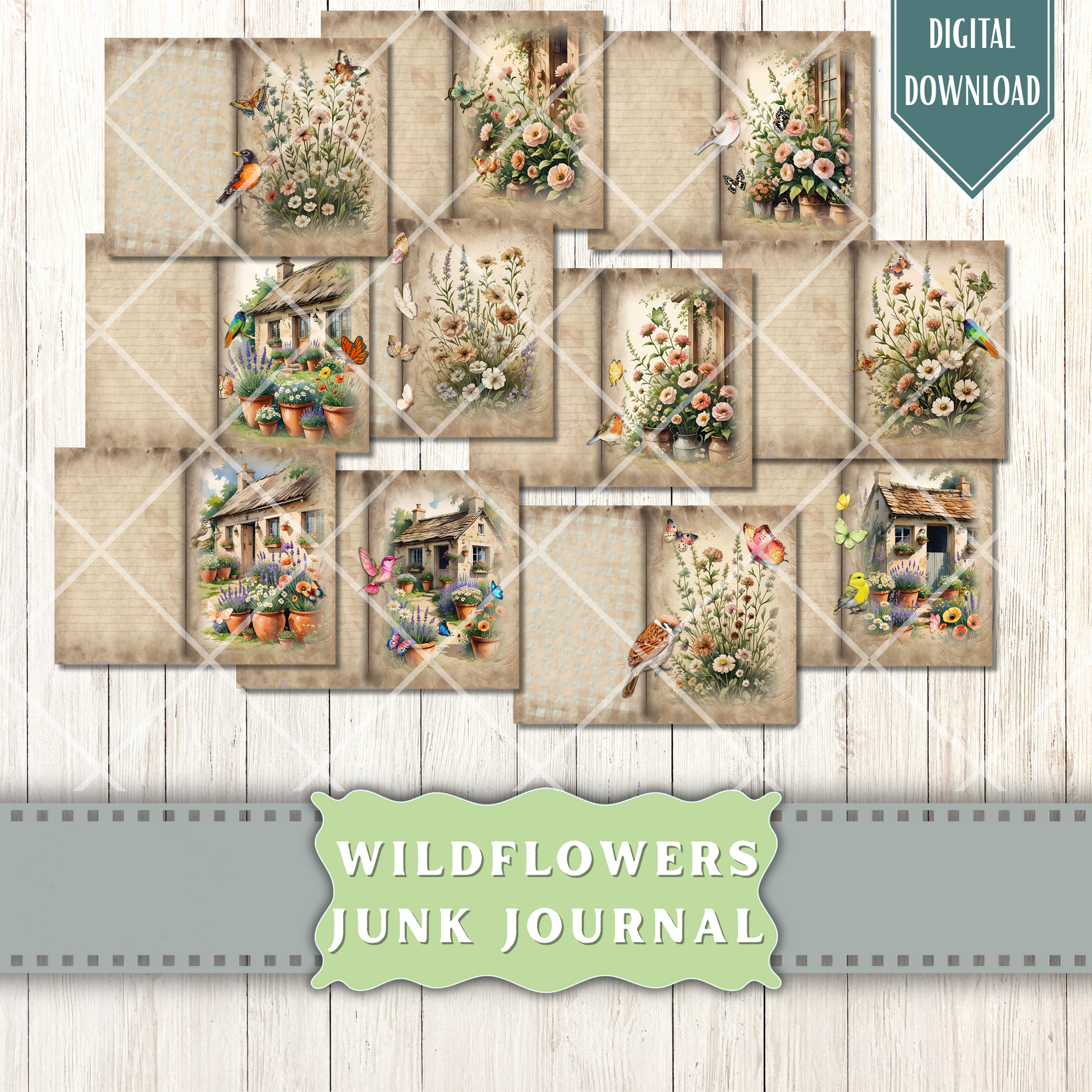 Watercolor Wildflowers Junk Journal Pages and Papers, junk journal kit, floral junk journal, Digital Collage Sheet, Vintage Wildflowers