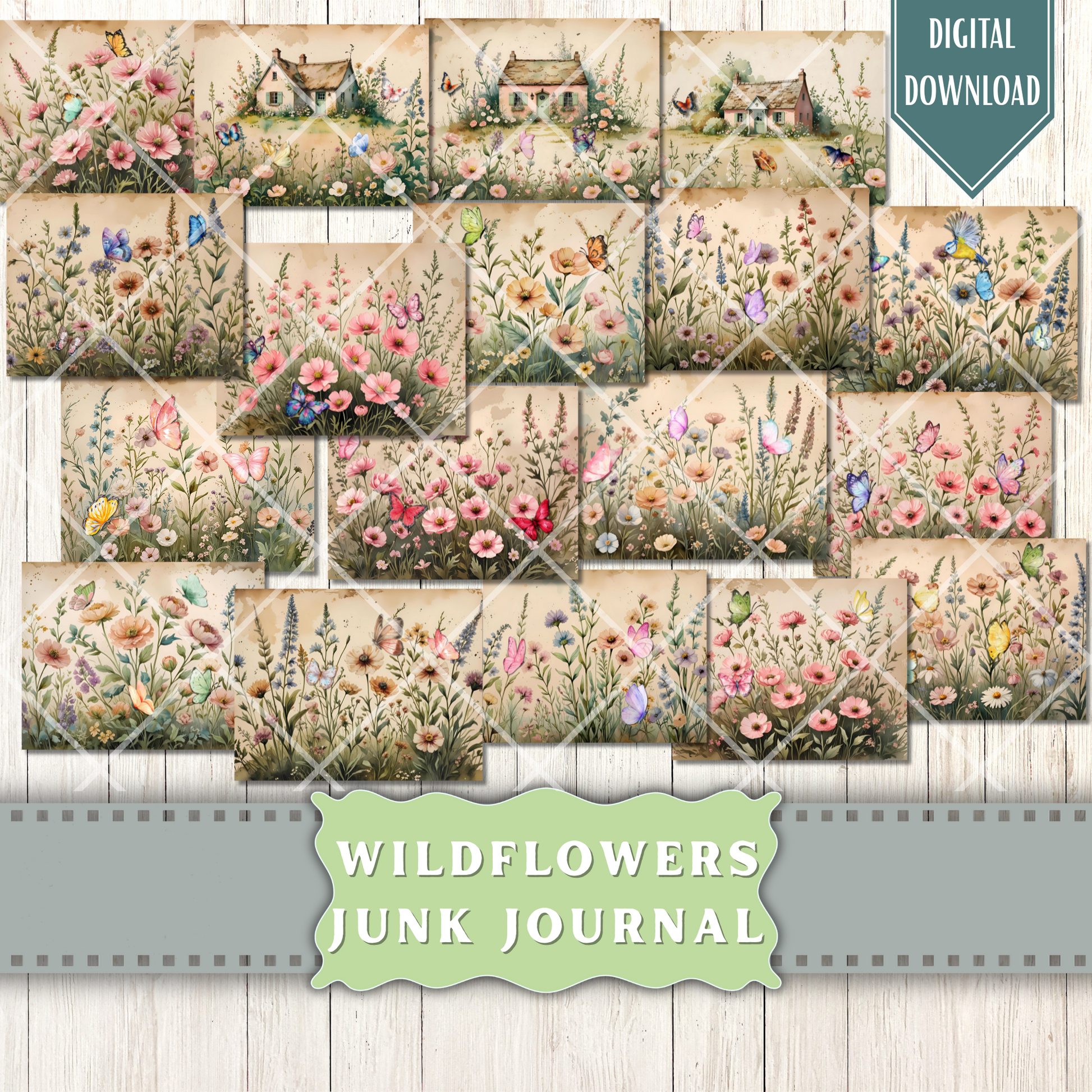 Watercolor Wildflowers Junk Journal Pages and Papers, junk journal kit, floral junk journal, Digital Collage Sheet, Vintage Wildflowers