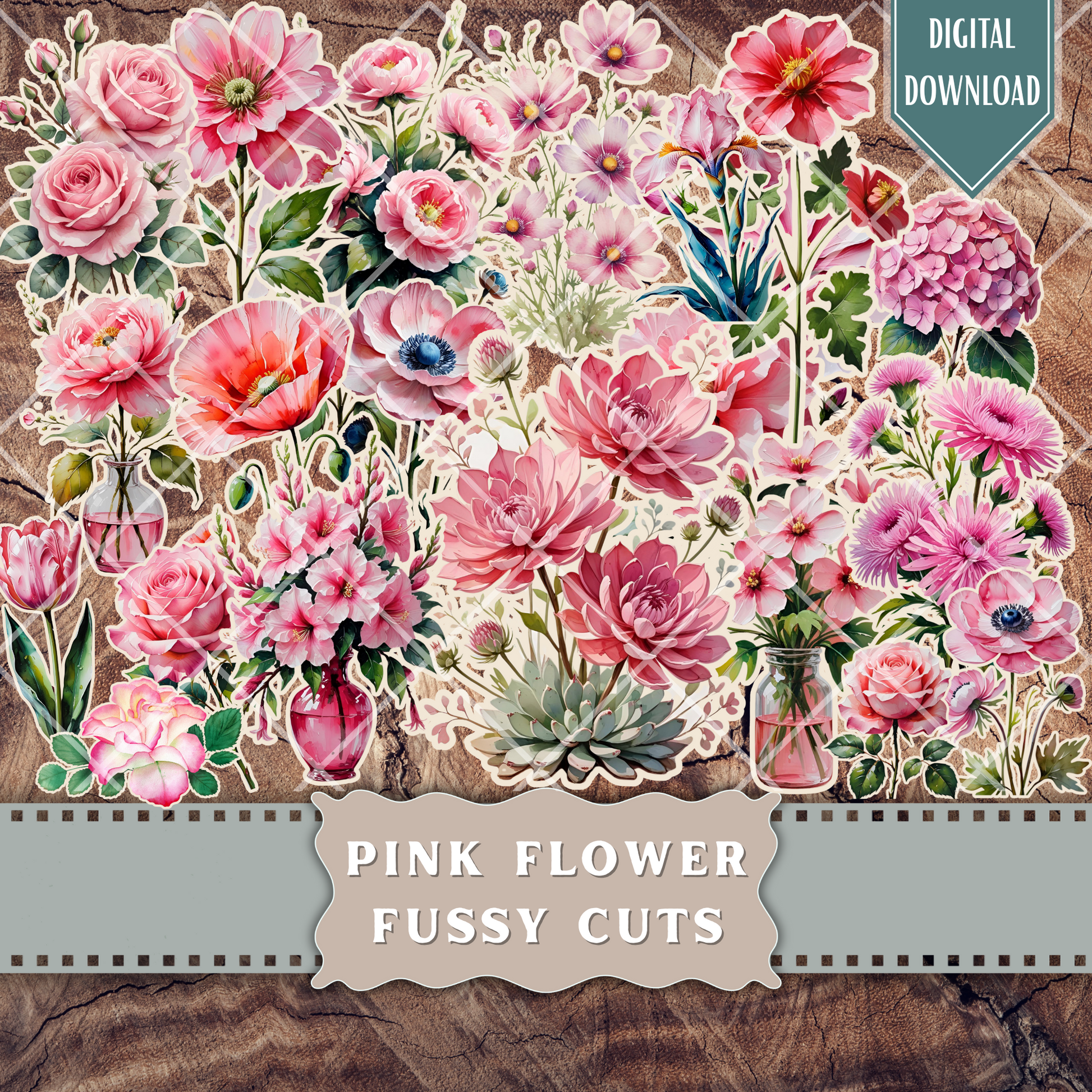 Printable pink floral fussy cuts bundle with 216 watercolor flowers and vintage botanical ephemera for junk journals and scrapbooking