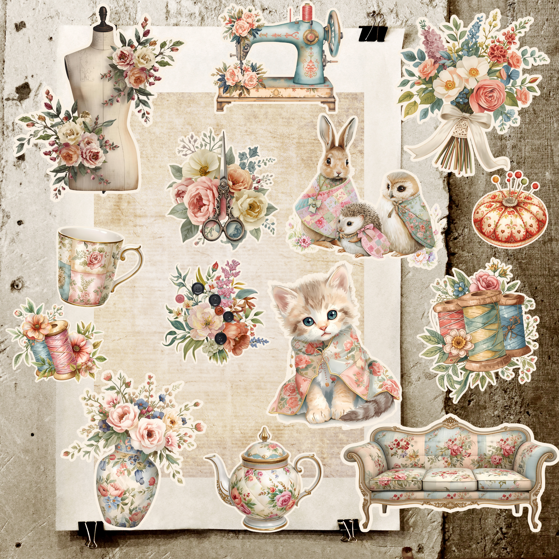 Quilted Cottage Sewing Fussy Cuts – Vintage Junk Journal Kit – Watercolor Printable Clipart