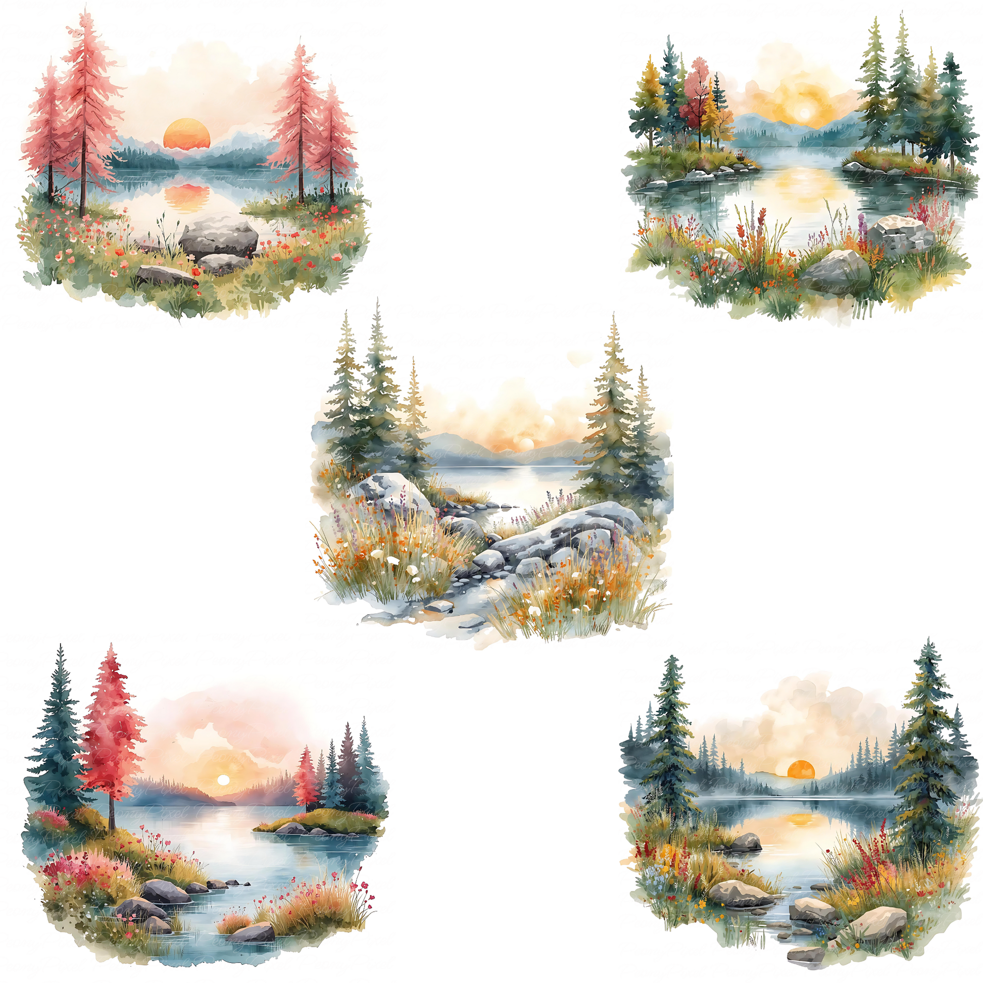 40 Watercolor Lake Landscape Clipart | Mountain Lake Sunrise, Forest River Scenery, Autumn & Boho Nature Digital Download