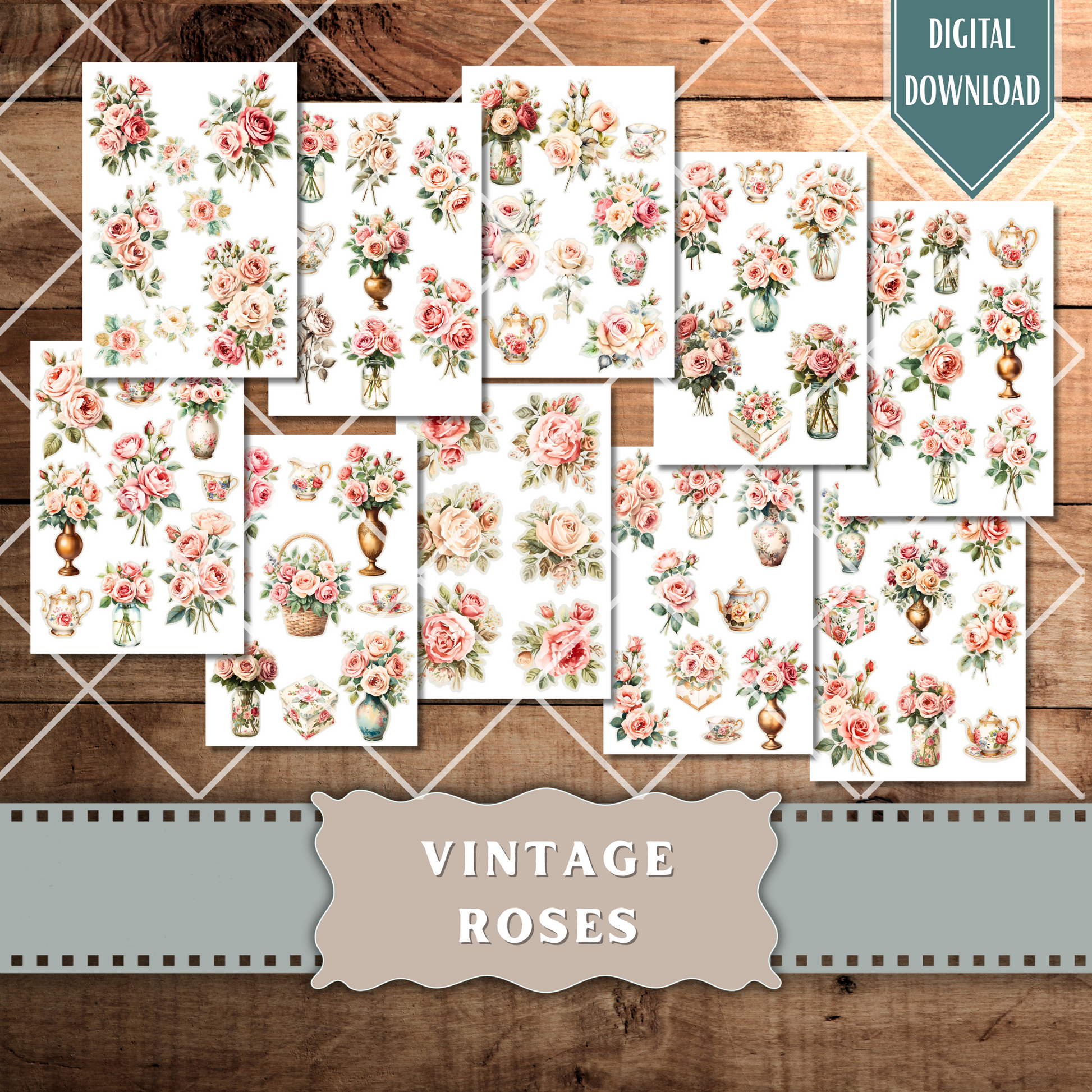 Vintage Rose Ephemera: Watercolor Floral Fussy Cuts for Junk Journals (Digital Download)