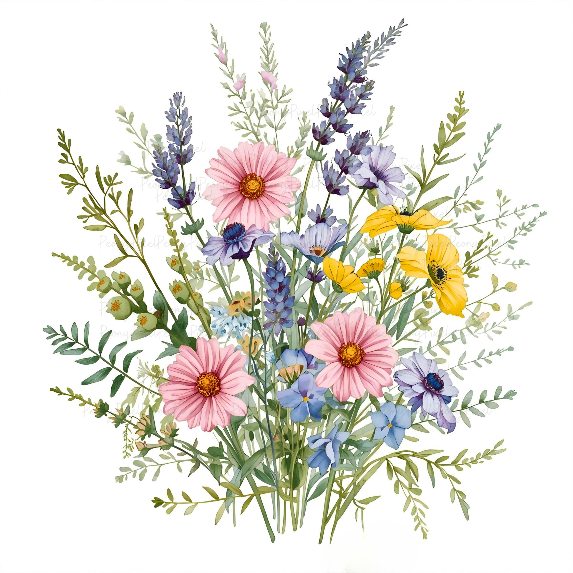 Watercolor Wildflower Clipart: Cottagecore Floral Bouquet (Digital Download)