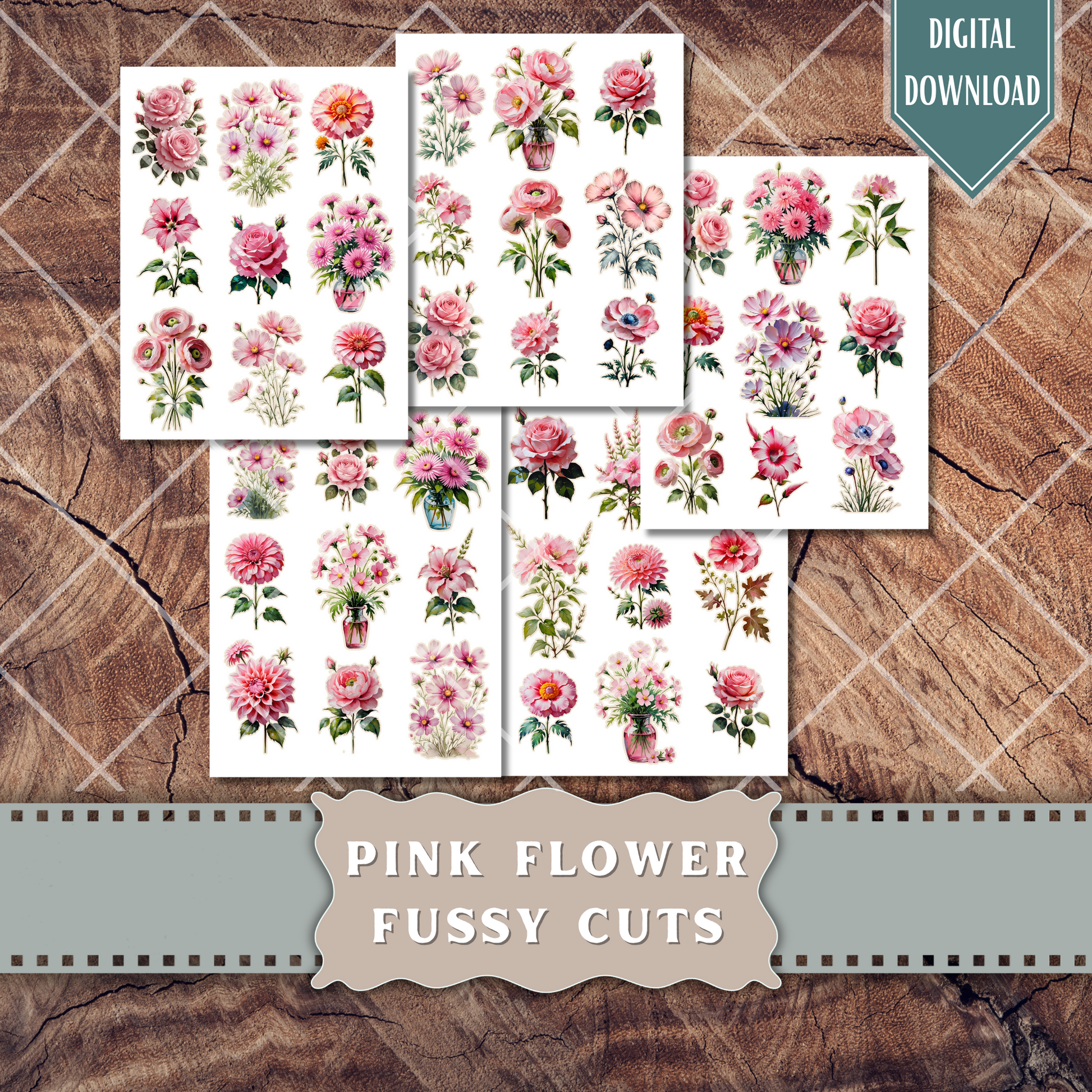 Printable pink floral fussy cuts bundle with 216 watercolor flowers and vintage botanical ephemera for junk journals and scrapbooking