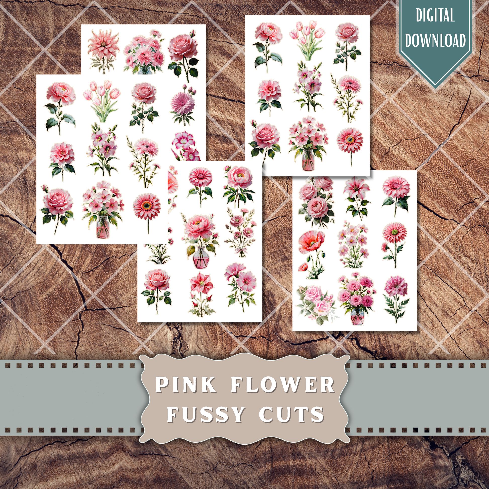 216 pink floral printable cutouts – watercolor flower stickers and vintage botanical clipart for scrapbooking and card making