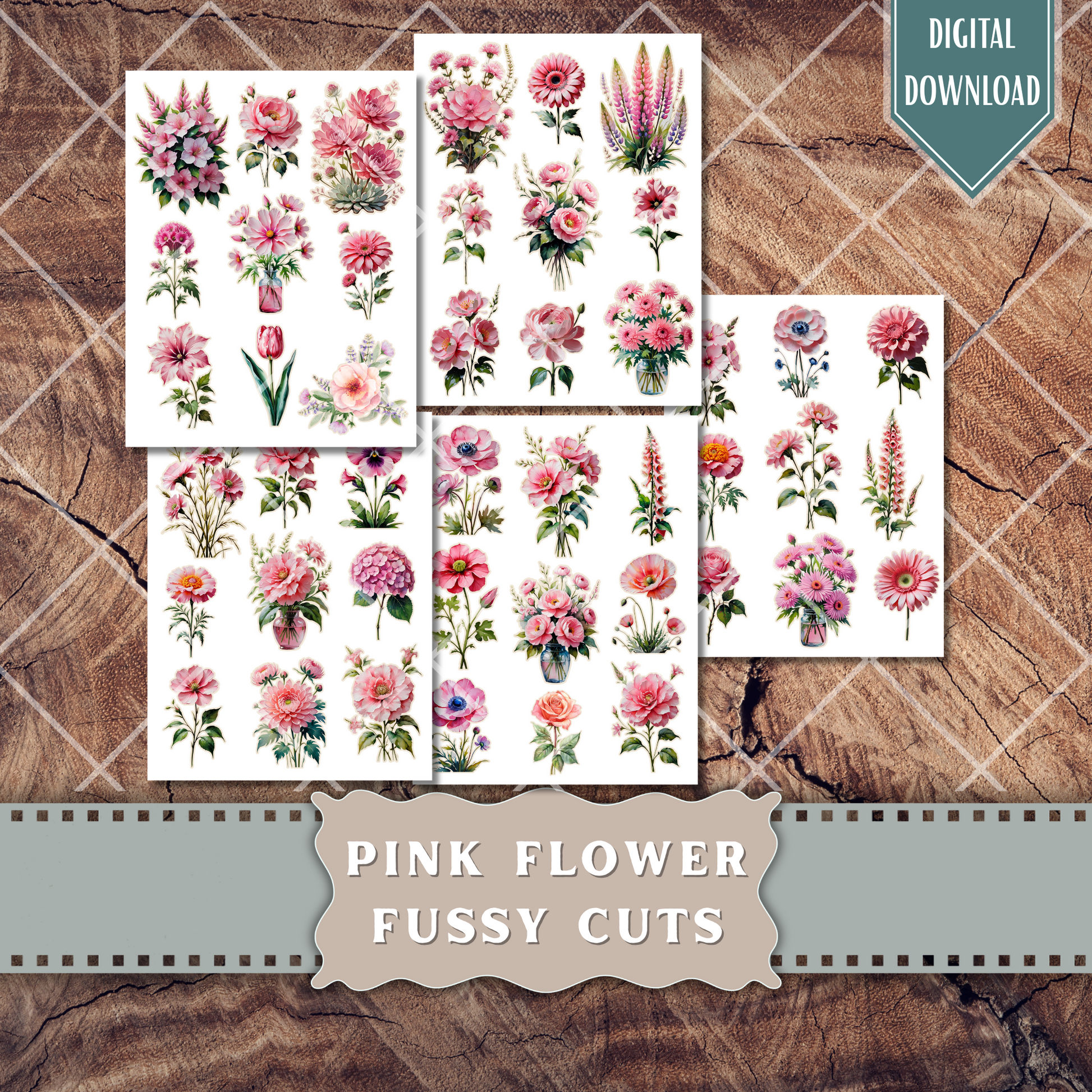 Watercolor flower fussy cuts printable kit – roses, peonies, wildflowers and botanical ephemera for DIY crafts and journaling