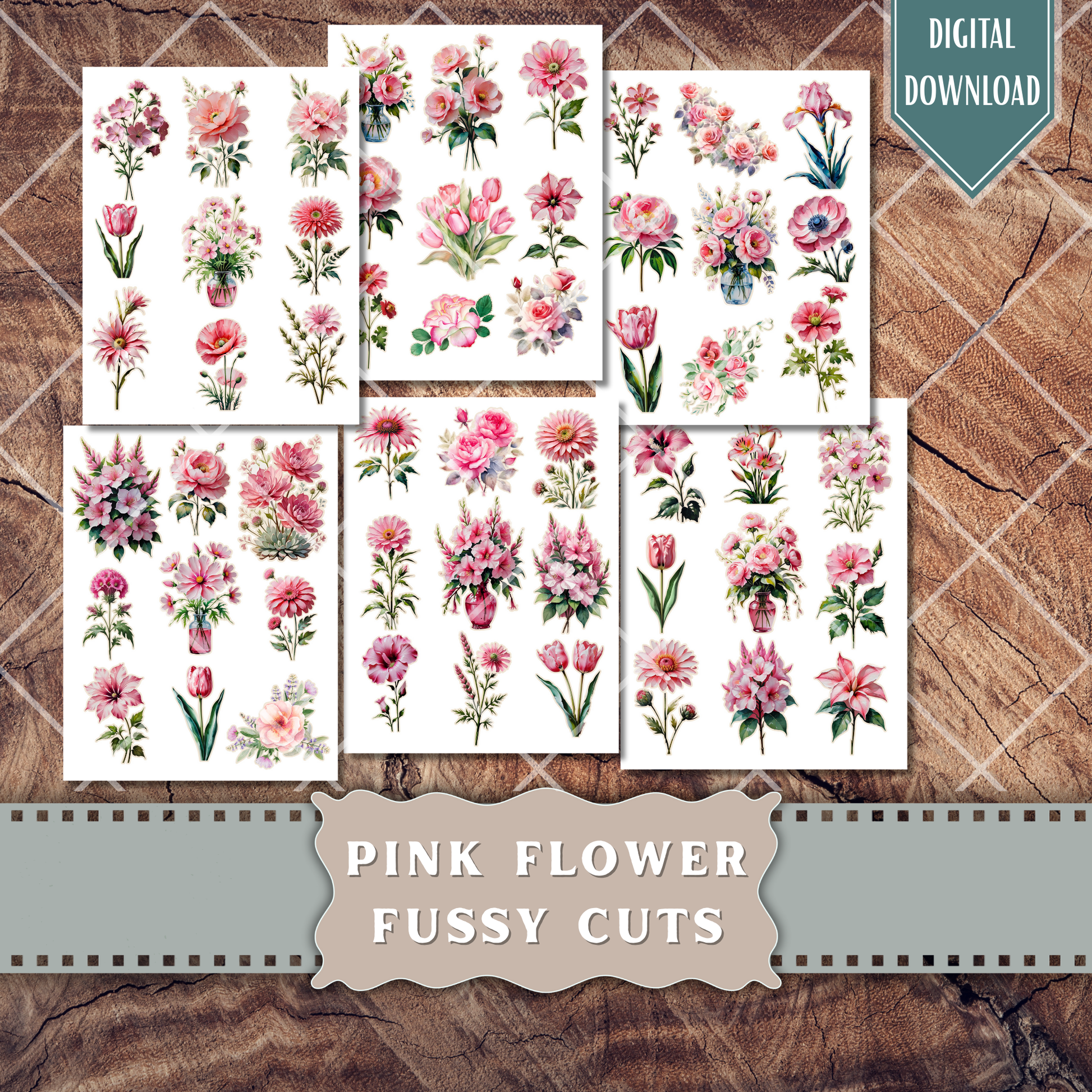 216 pink floral printable cutouts – watercolor flower stickers and vintage botanical clipart for scrapbooking and card making
