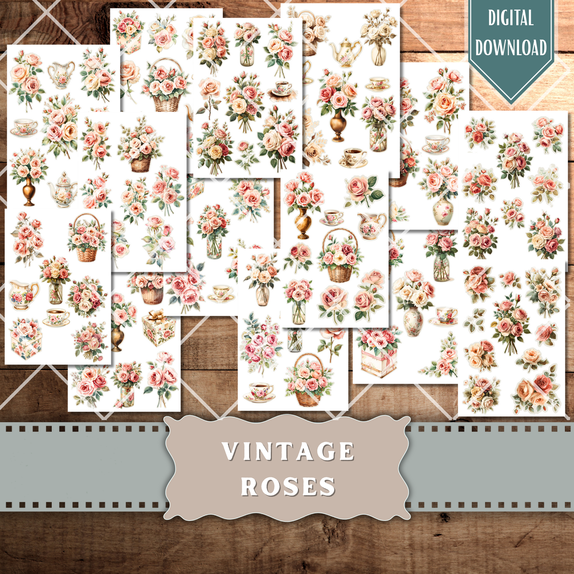 Vintage Rose Ephemera: Watercolor Floral Fussy Cuts for Junk Journals (Digital Download)