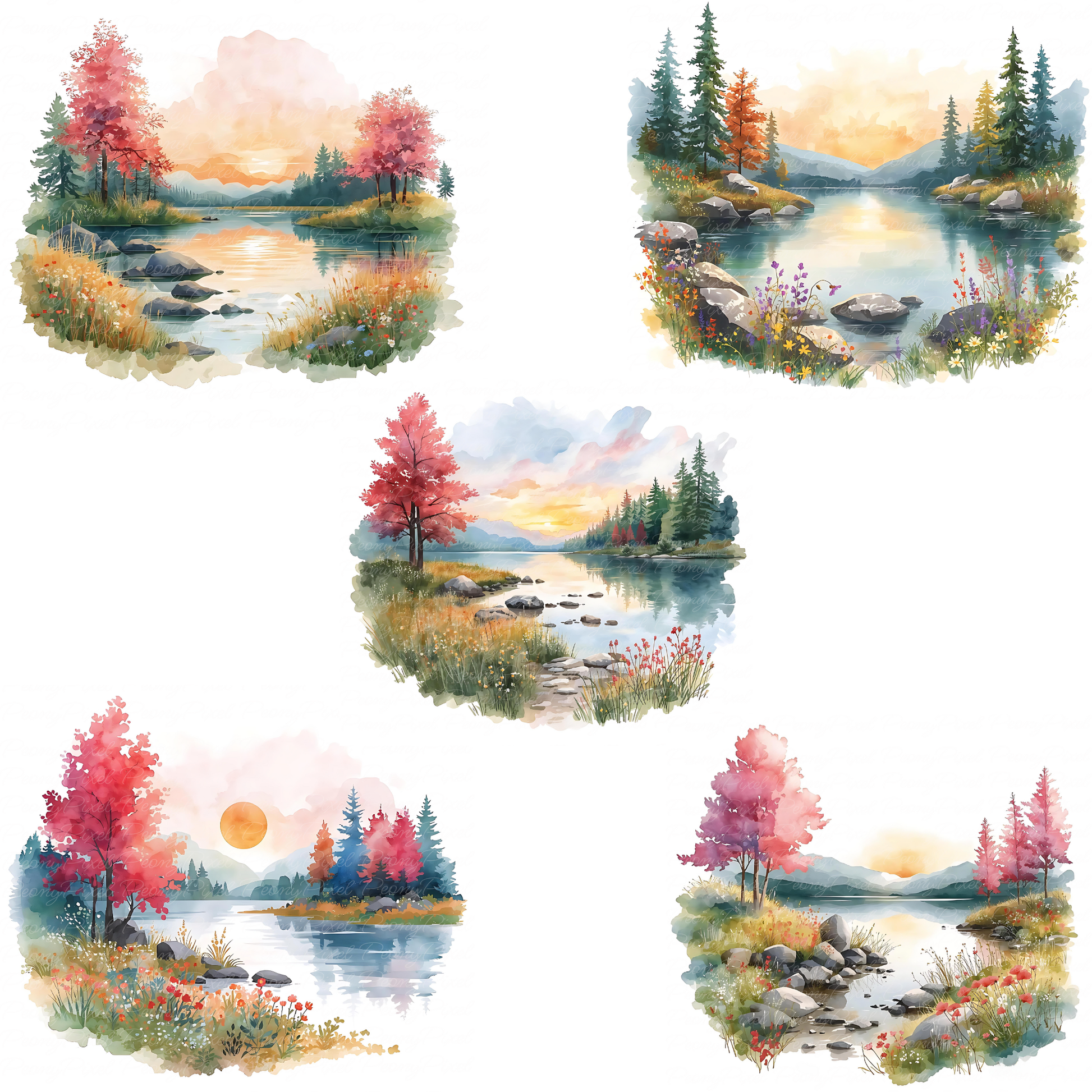 40 Watercolor Lake Landscape Clipart | Mountain Lake Sunrise, Forest River Scenery, Autumn & Boho Nature Digital Download