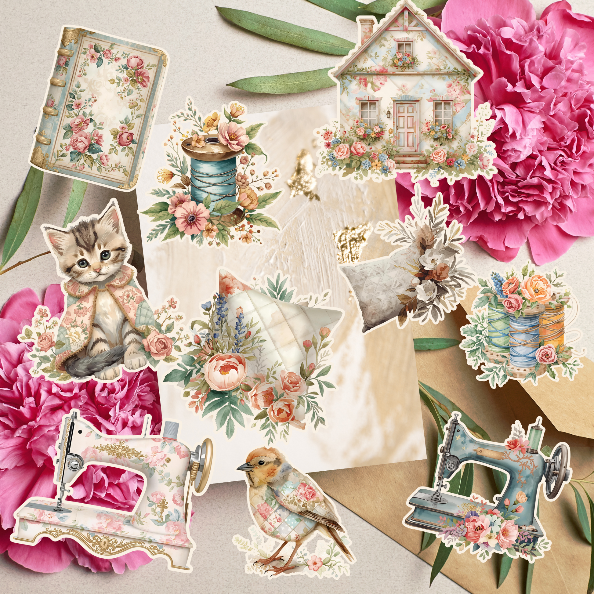 Quilted Cottage Sewing Fussy Cuts – Vintage Junk Journal Kit – Watercolor Printable Clipart