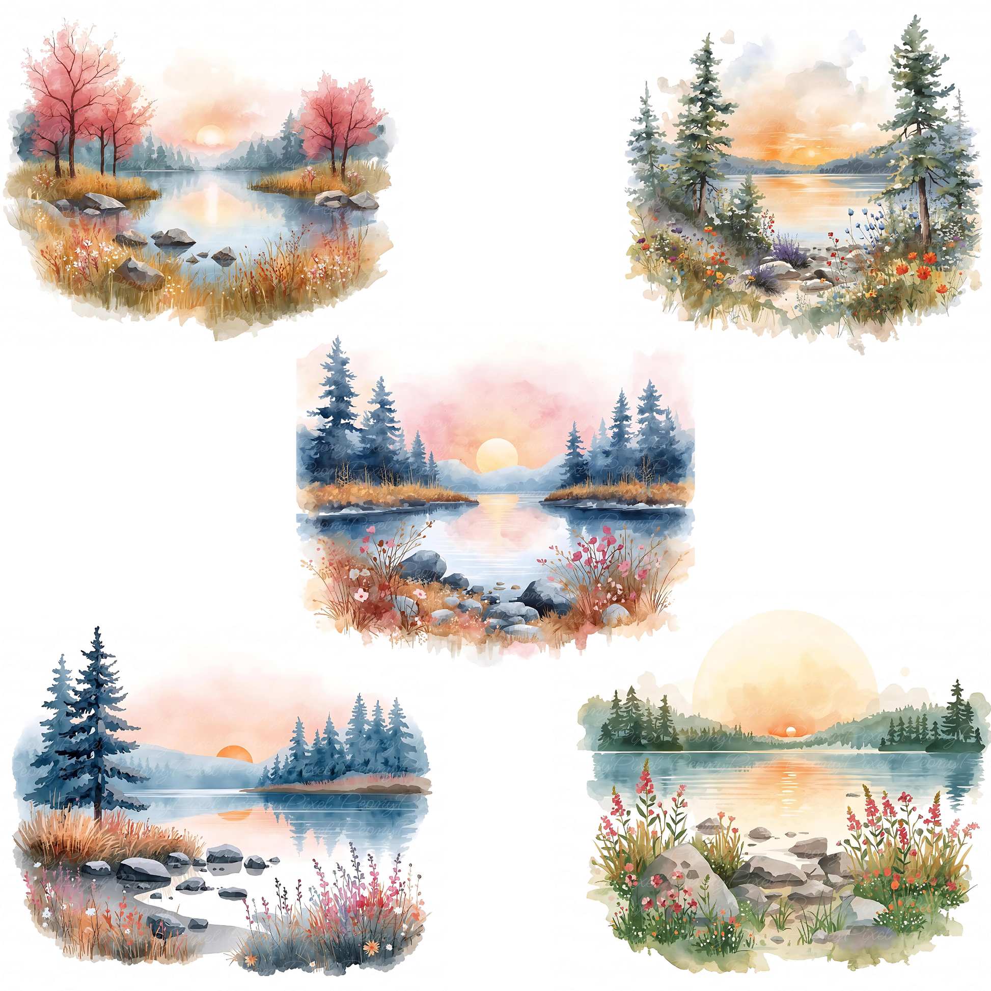 40 Watercolor Lake Landscape Clipart | Mountain Lake Sunrise, Forest River Scenery, Autumn & Boho Nature Digital Download