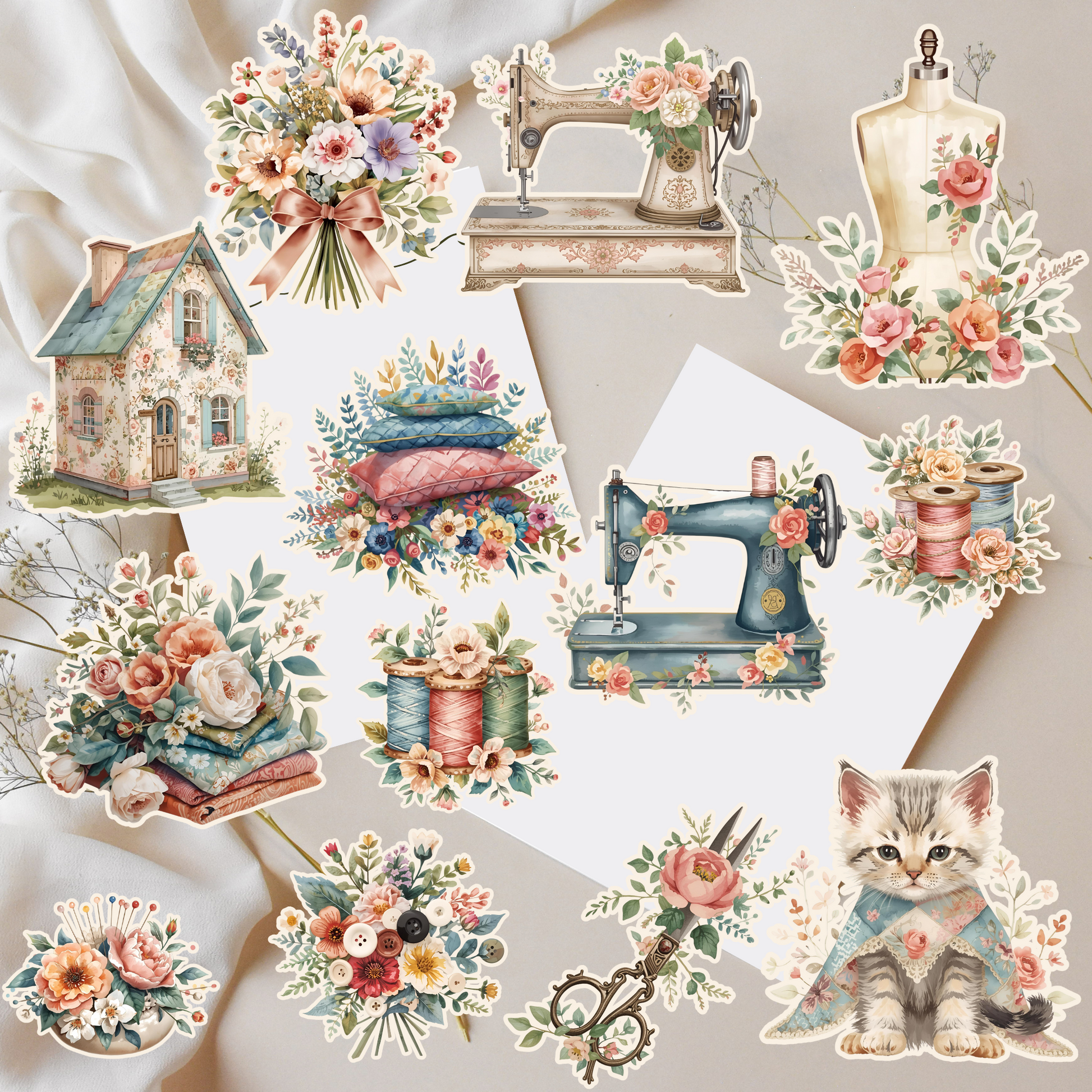 Quilted Cottage Sewing Fussy Cuts – Vintage Junk Journal Kit – Watercolor Printable Clipart