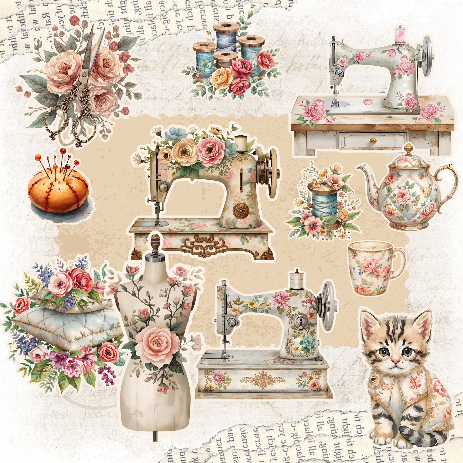 Quilted Cottage Sewing Fussy Cuts – Vintage Junk Journal Kit – Watercolor Printable Clipart