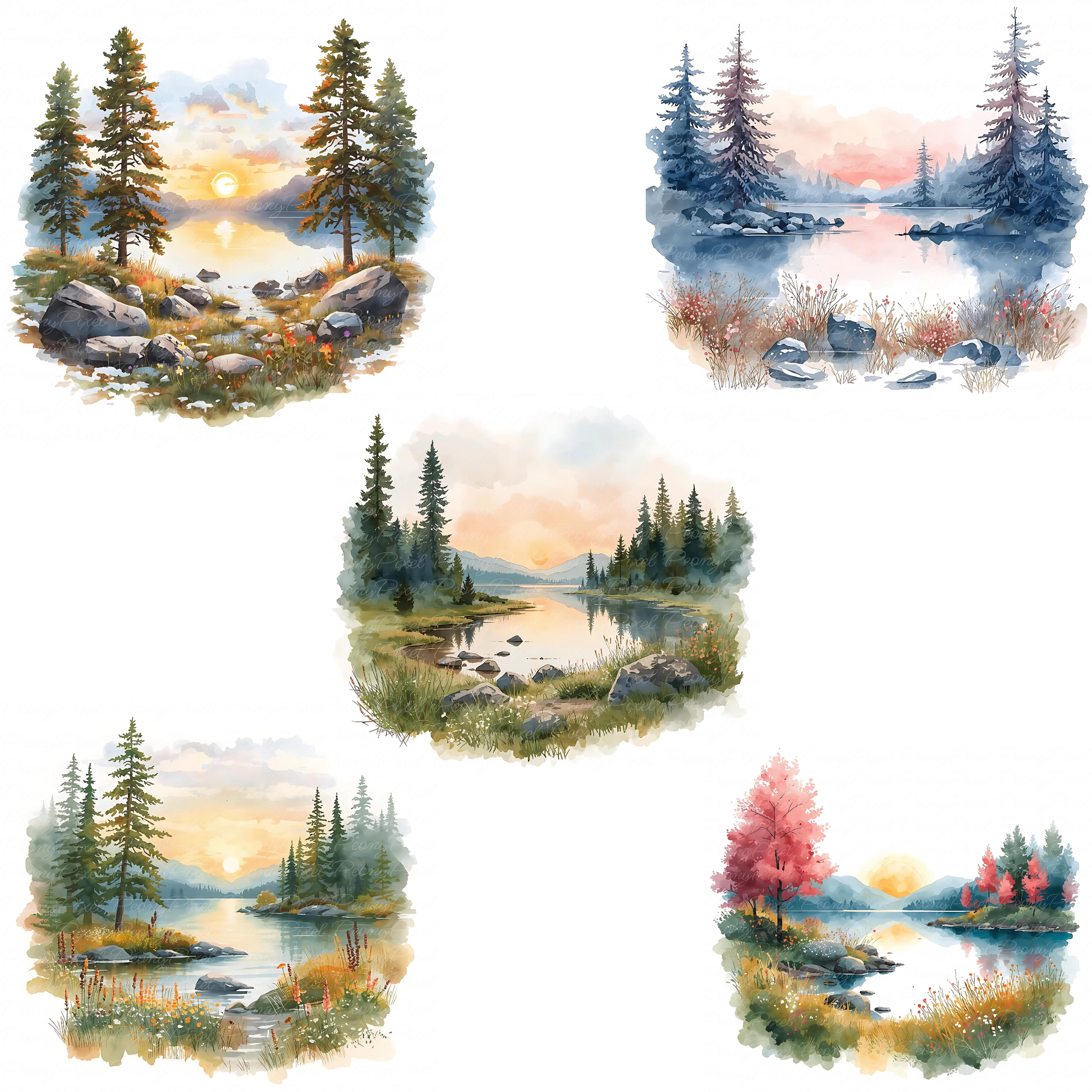 40 Watercolor Lake Landscape Clipart | Mountain Lake Sunrise, Forest River Scenery, Autumn & Boho Nature Digital Download