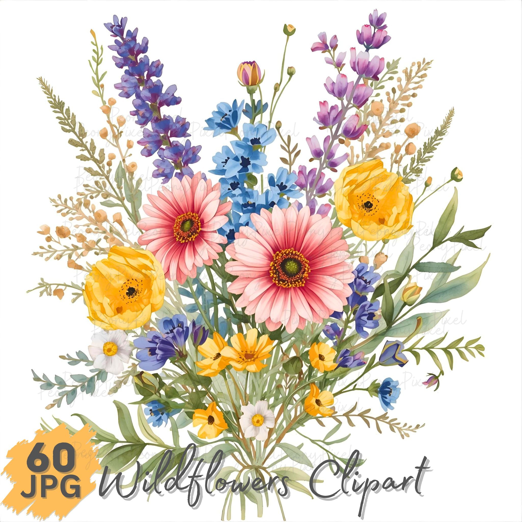 Watercolor Wildflower Clipart: Cottagecore Floral Bouquet (Digital Download)