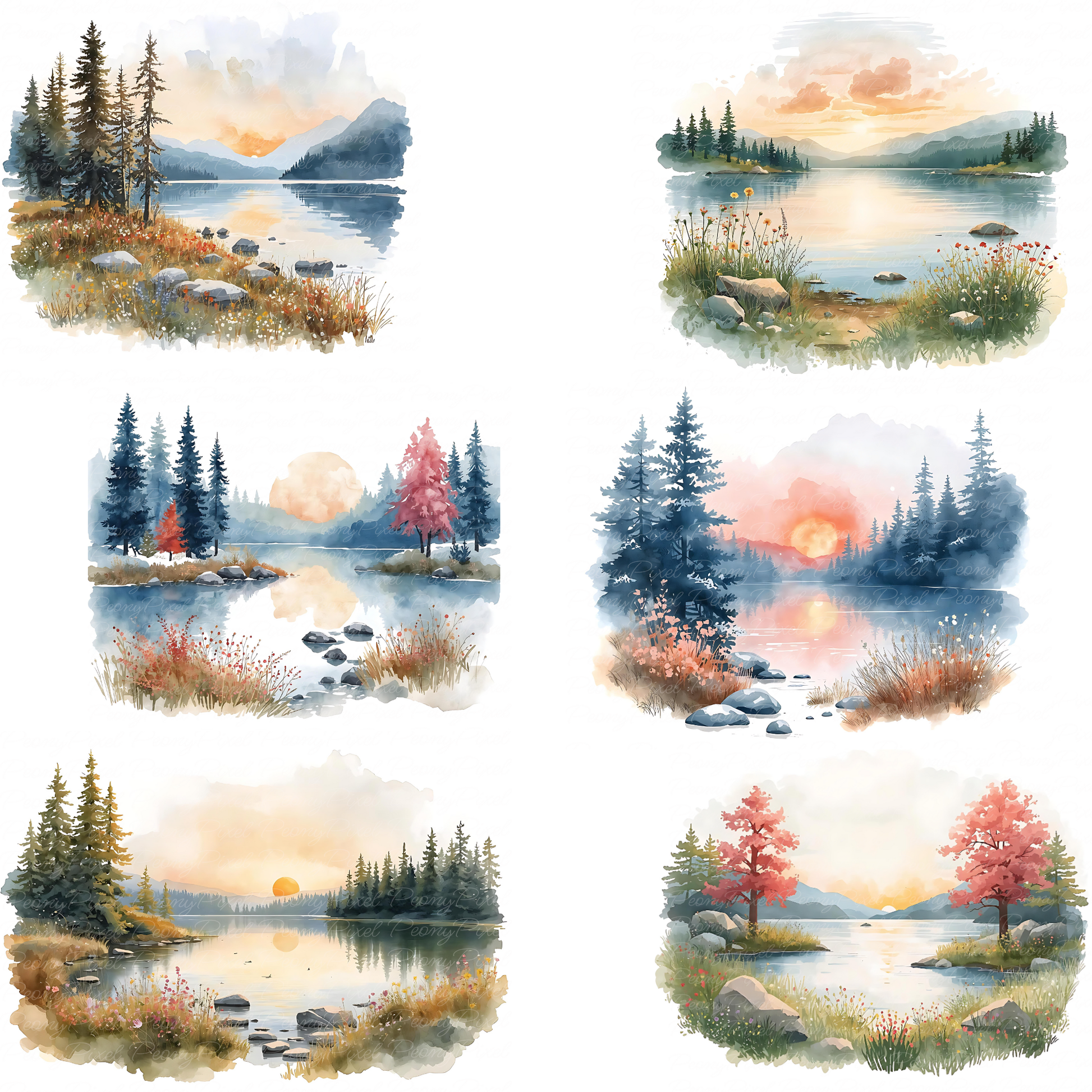40 Watercolor Lake Landscape Clipart | Mountain Lake Sunrise, Forest River Scenery, Autumn & Boho Nature Digital Download